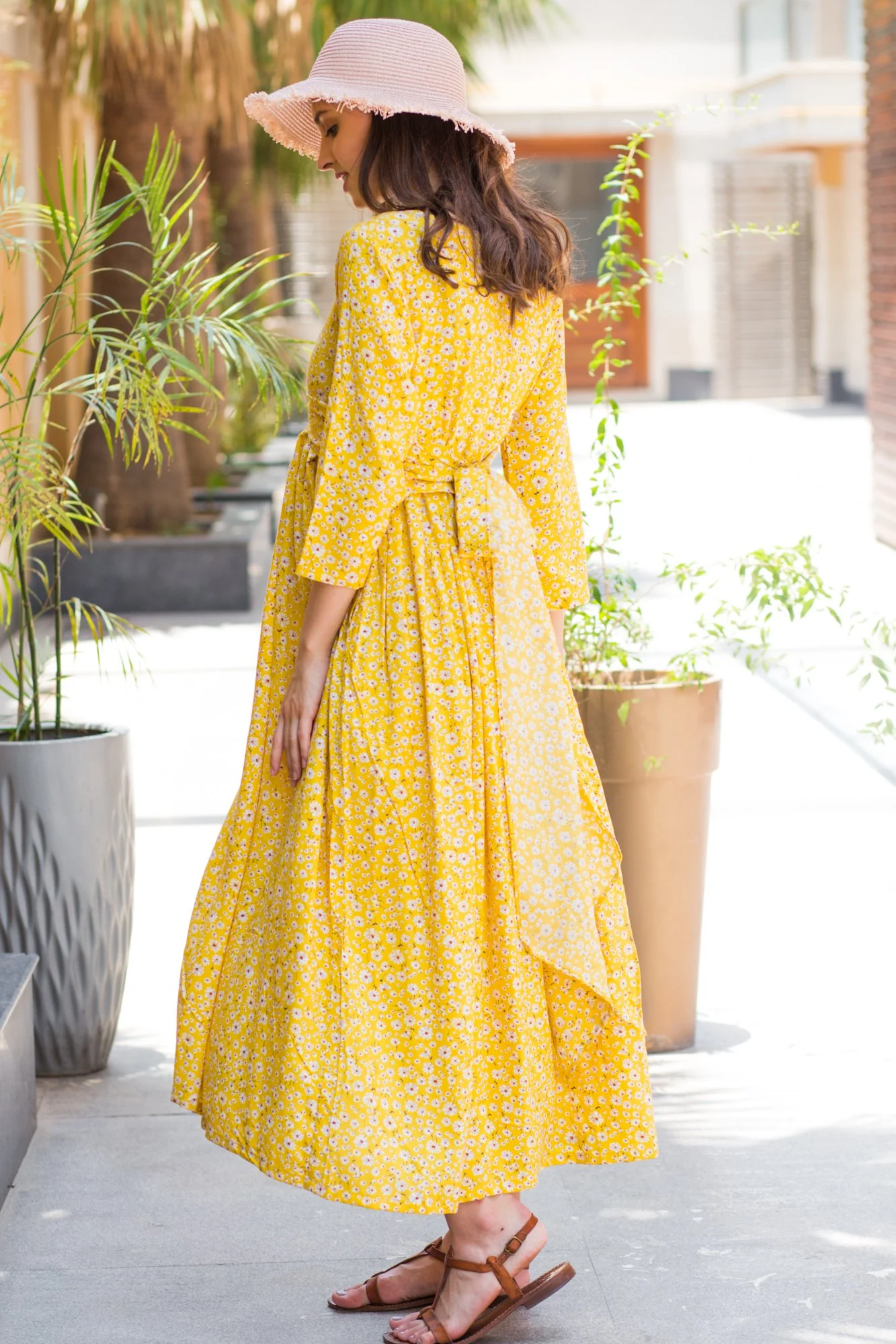 Yellow Daisy Front Knot Maternity Midi Dress - Chenance