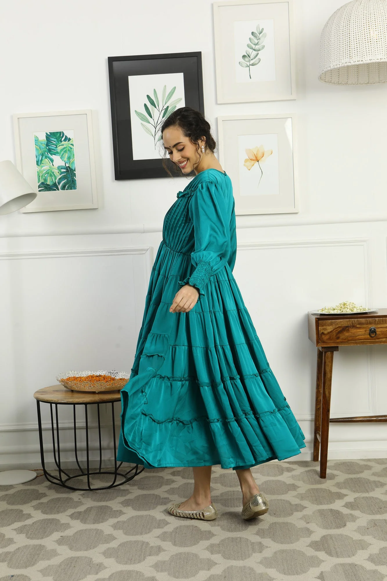 Premium Satin Emerald Green Formal Maternity & Nursing Pintucks Frill Dress - Chenance