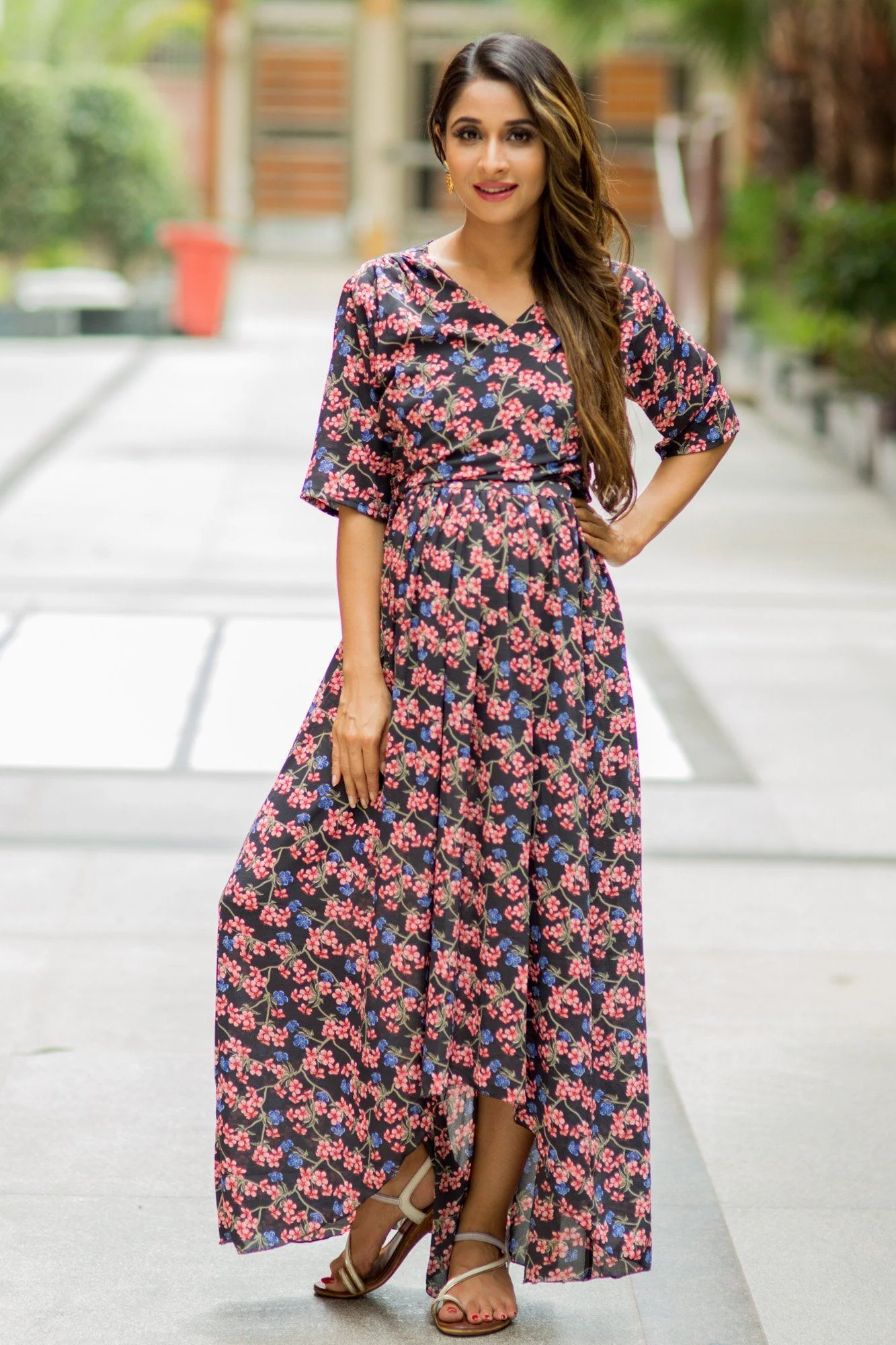 Midnight Blossom Hi-Low Maternity & Nursing Wrap Dress - Chenance