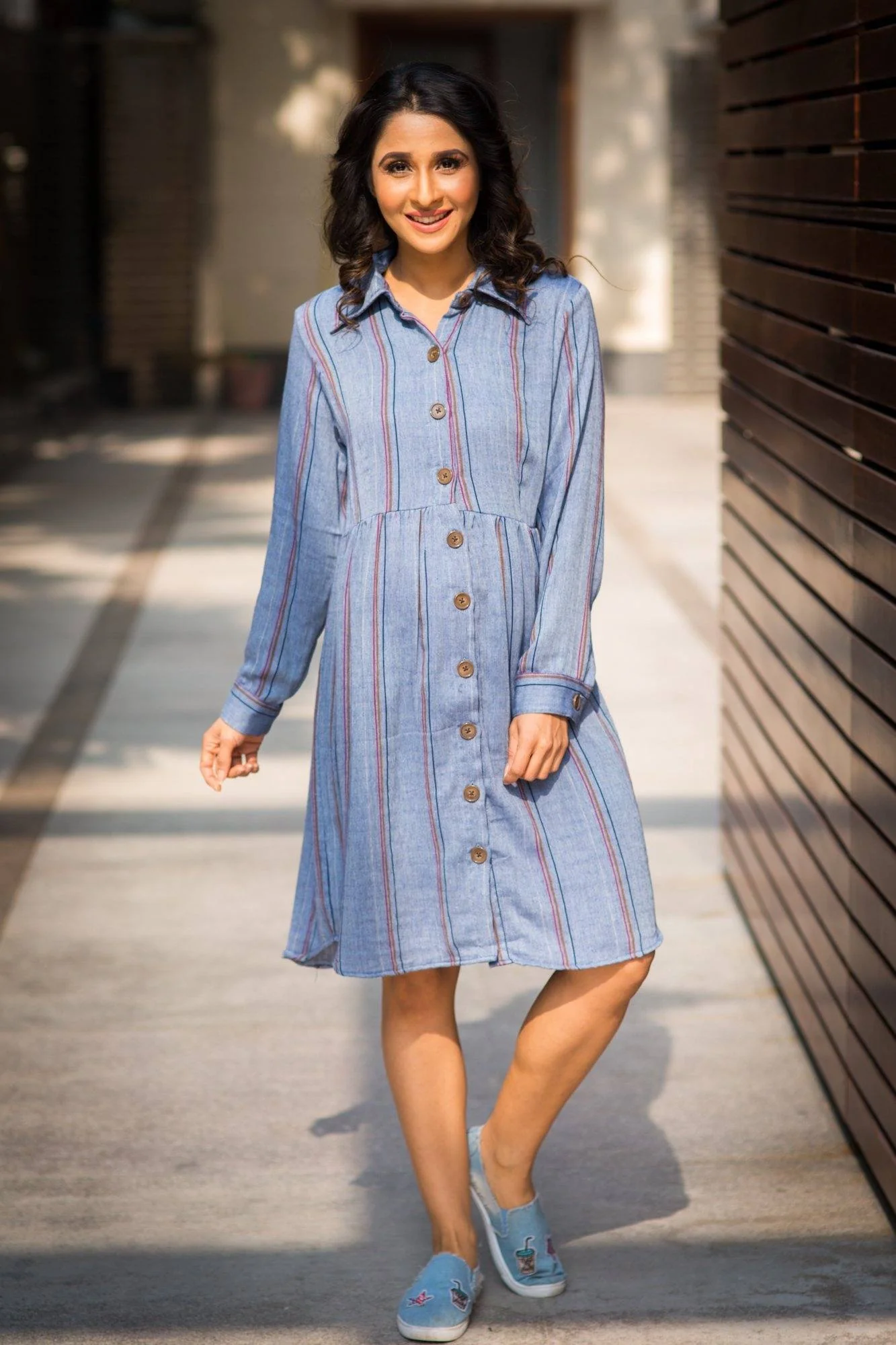 Gathered Denim Stripe Versatile Maternity & Nursing Shirt Dress - Chenance