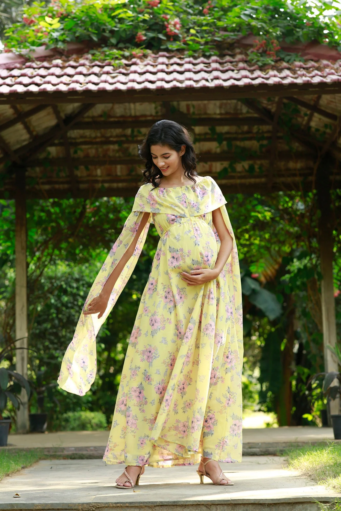Lemon Pink Blossom Flying Sleeves Maternity & Nursing Dress - Chenance