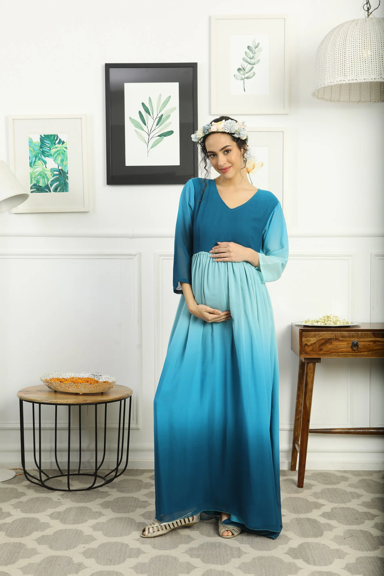 Paradise Blue Monochromatic Maternity Flow Maxi Dress - Chenance