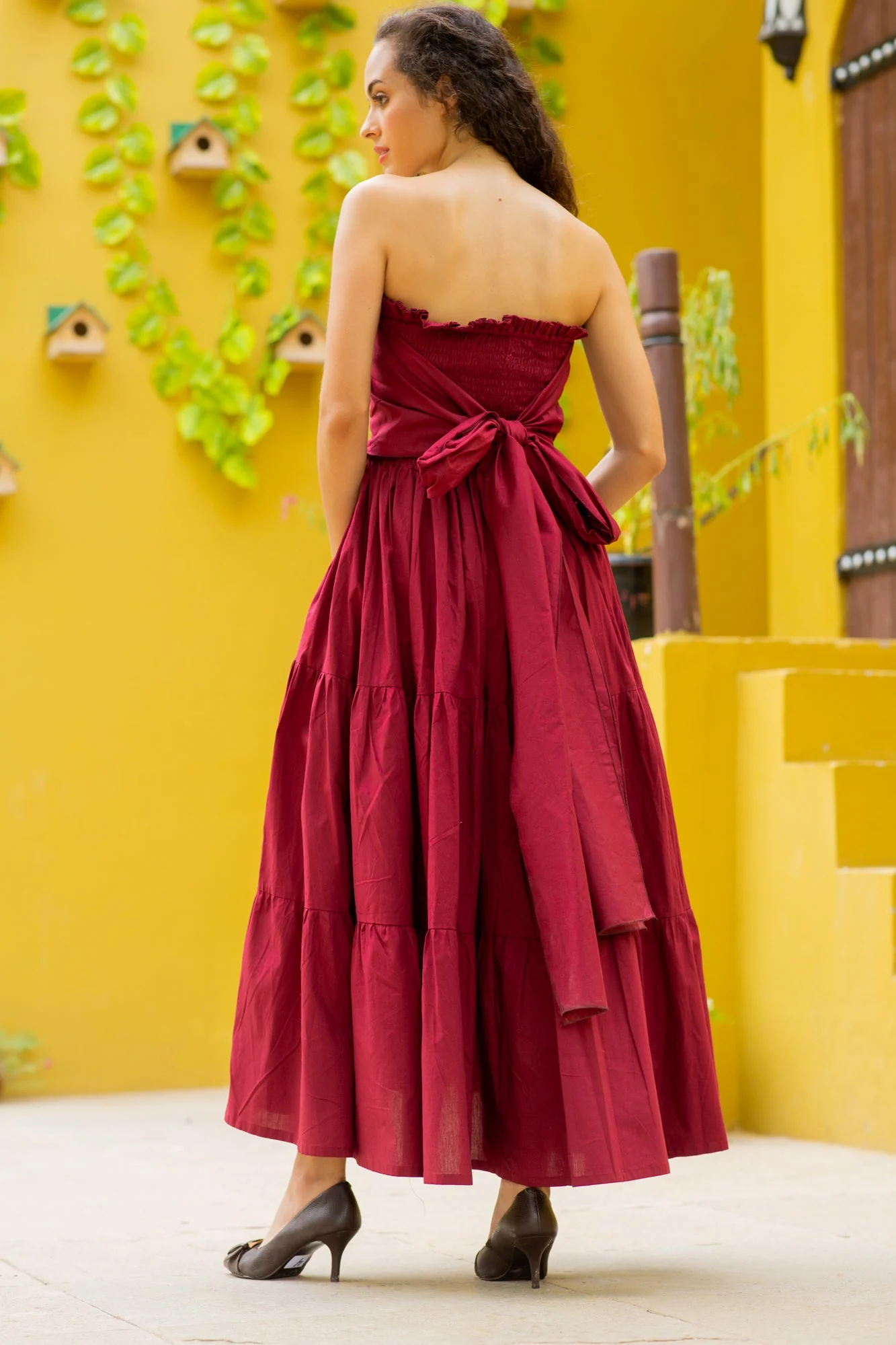 Elegant Rosewood Off Shoulder Maternity Frill Dress (100% Cotton) - Chenance