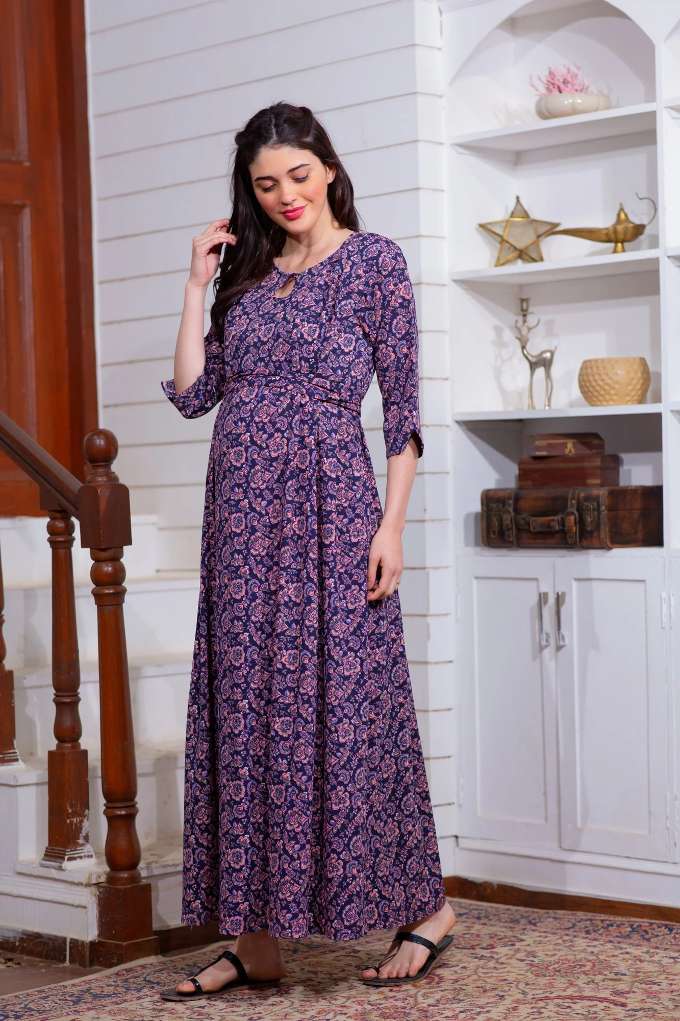 Violet Paisley Side Slit Maternity & Feeding Dress - Chenance