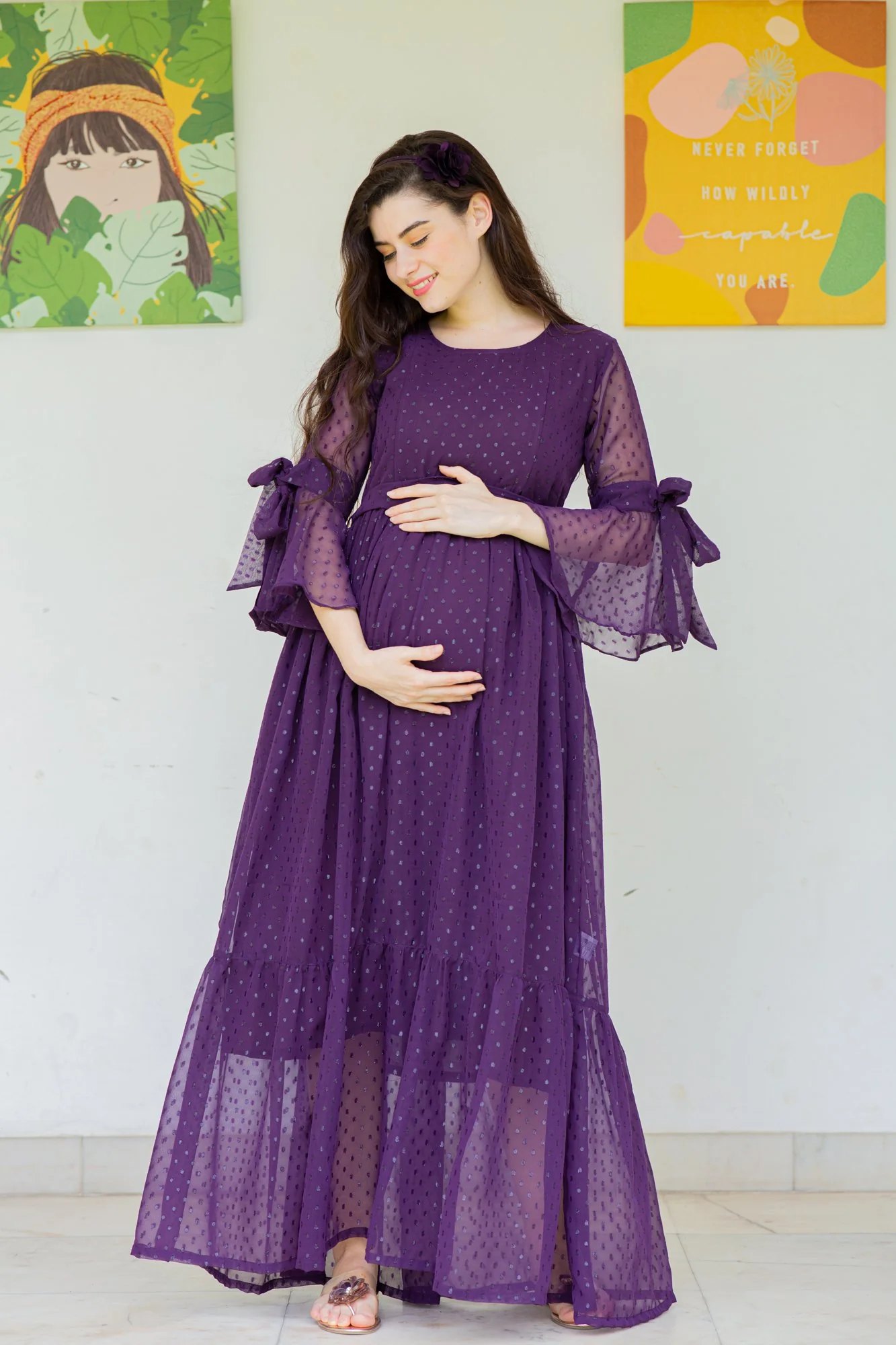 Brinjal Purple Maternity & Nursing Frill Dress - Chenance