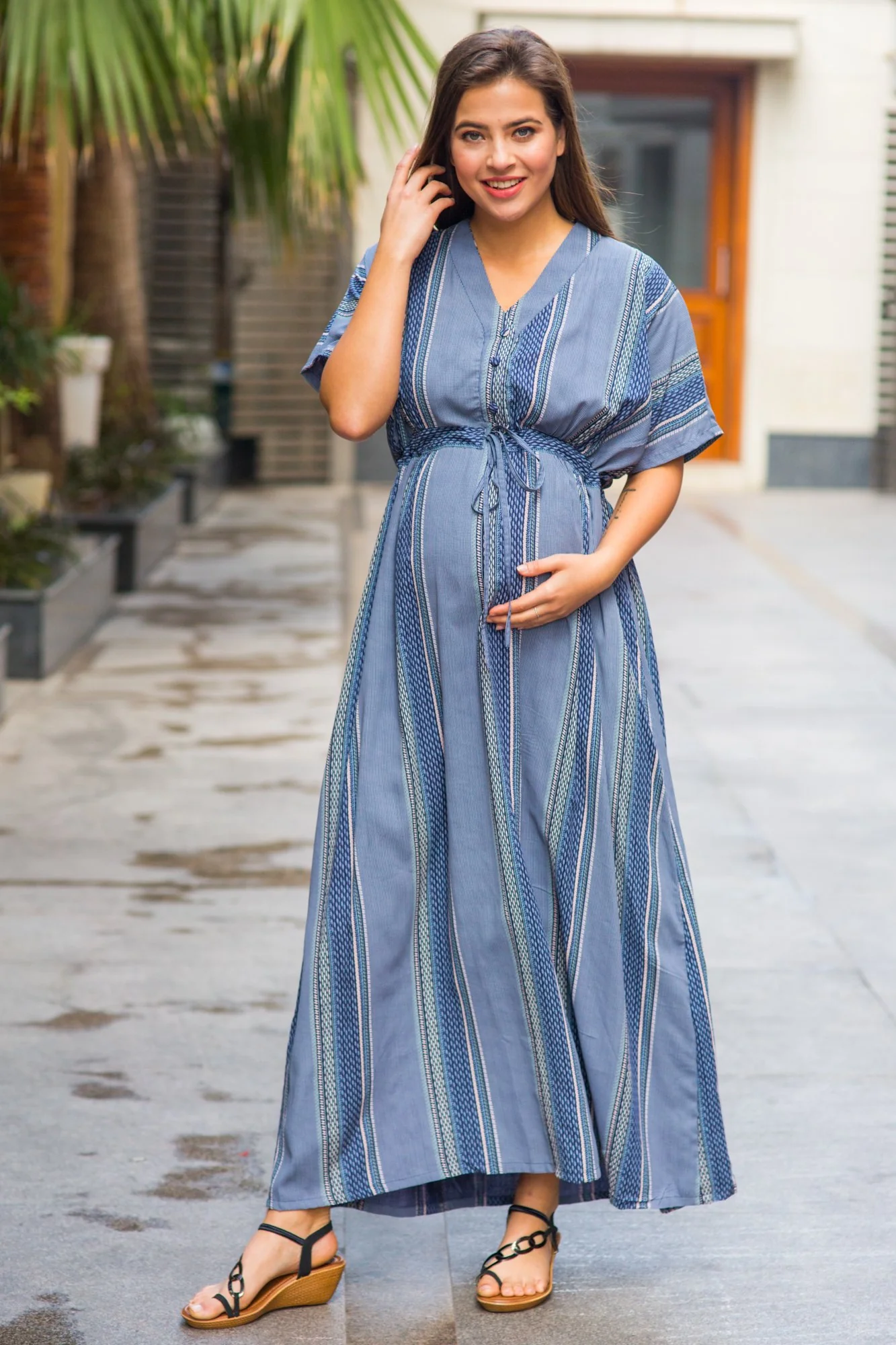 Kimono Indigo Stripe Maternity & Nursing Dress / Delivery Gown/ Night Dress - Chenance