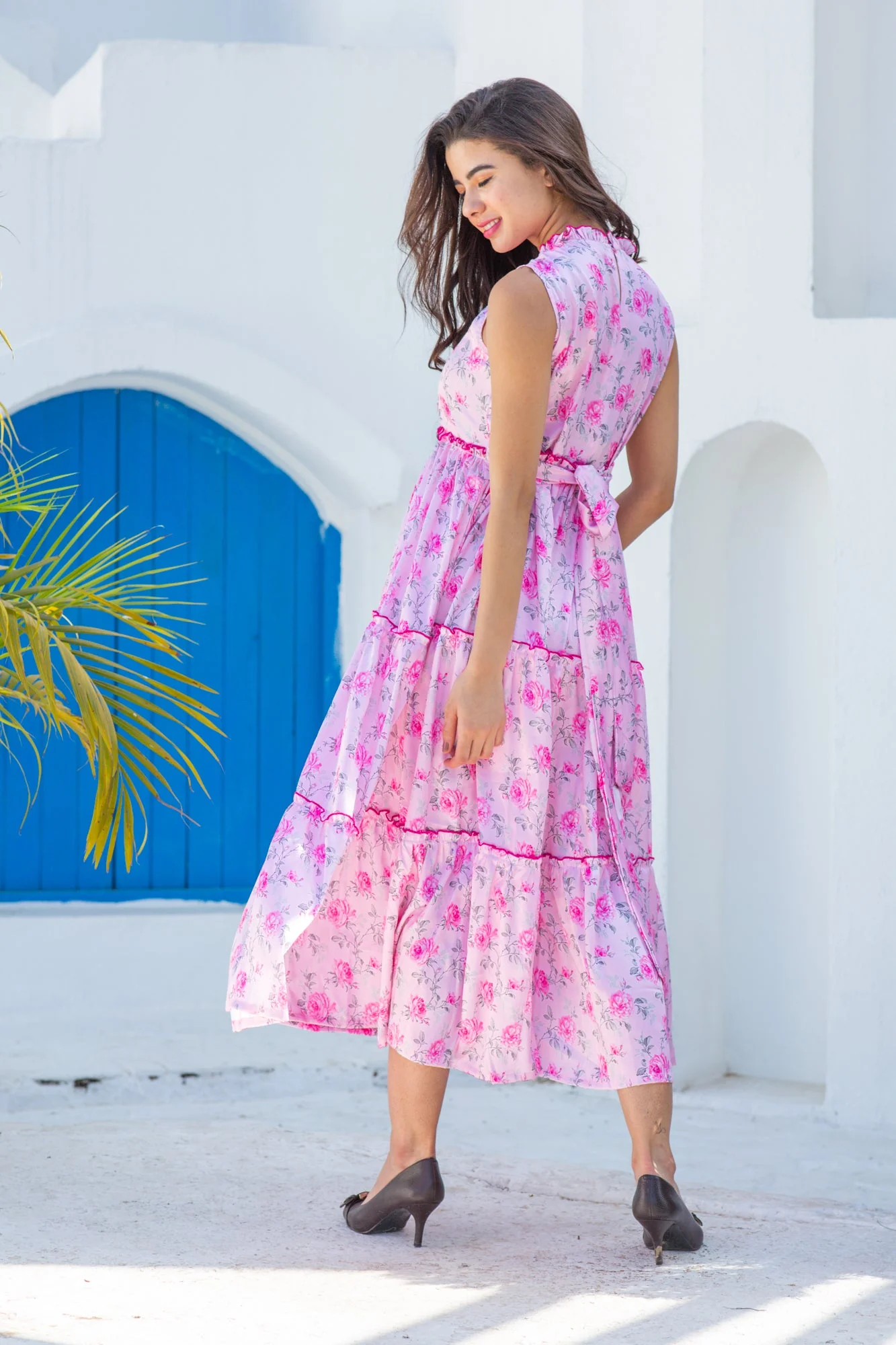 Royal Baby Pink Maternity & Nursing Concealed Zips Frill Dress - Chenance