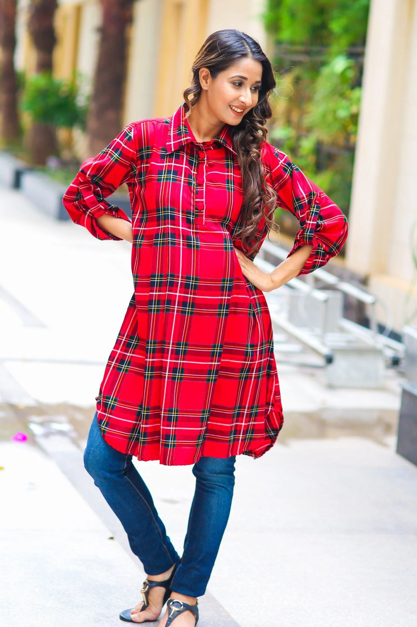 Red Plaid Versatile Maternity & Nursing Shirt Dress - Chenance