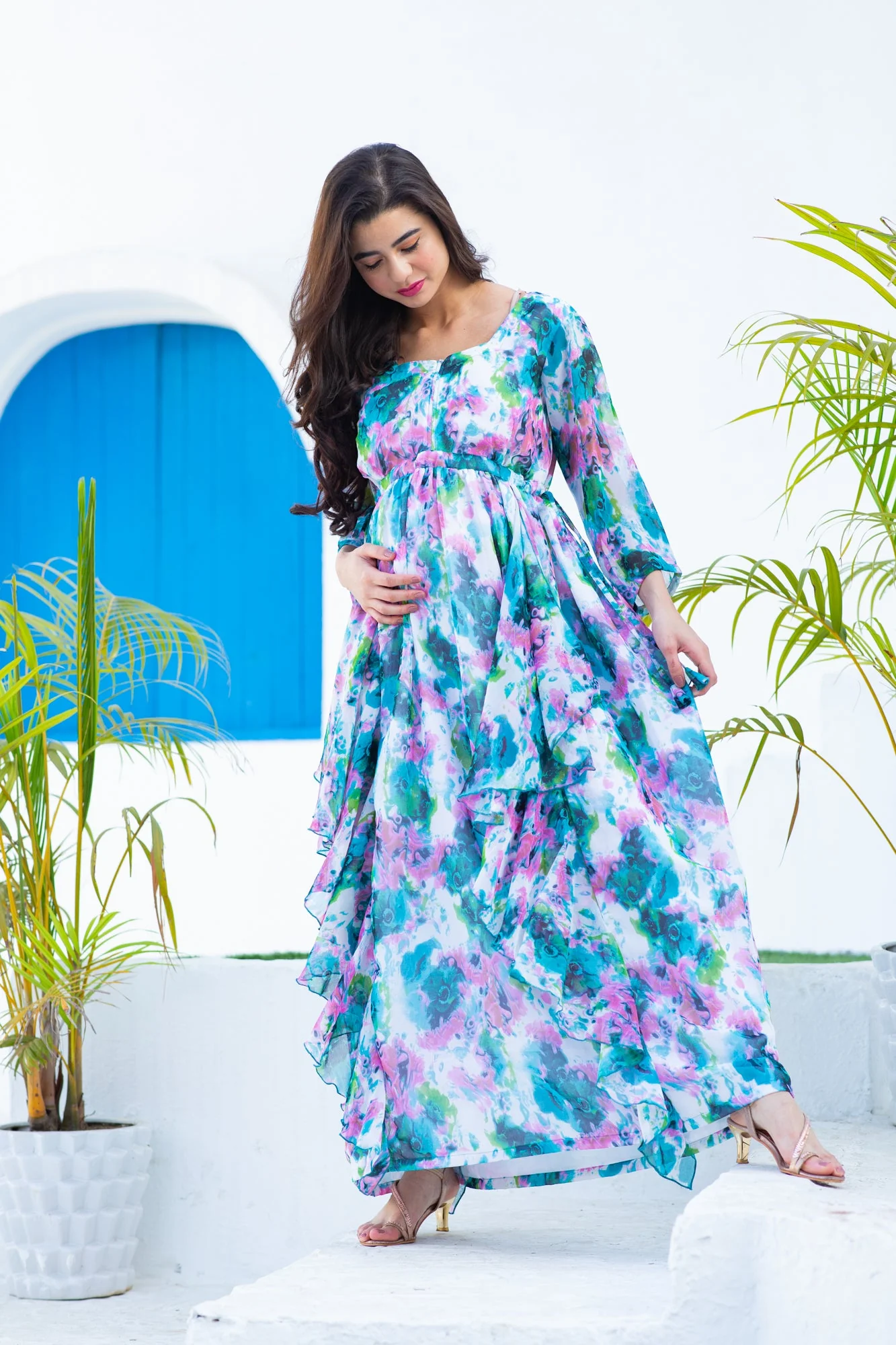Luxe Vibrant Cascading Floral Maternity & Nursing Flow Dress - Chenance