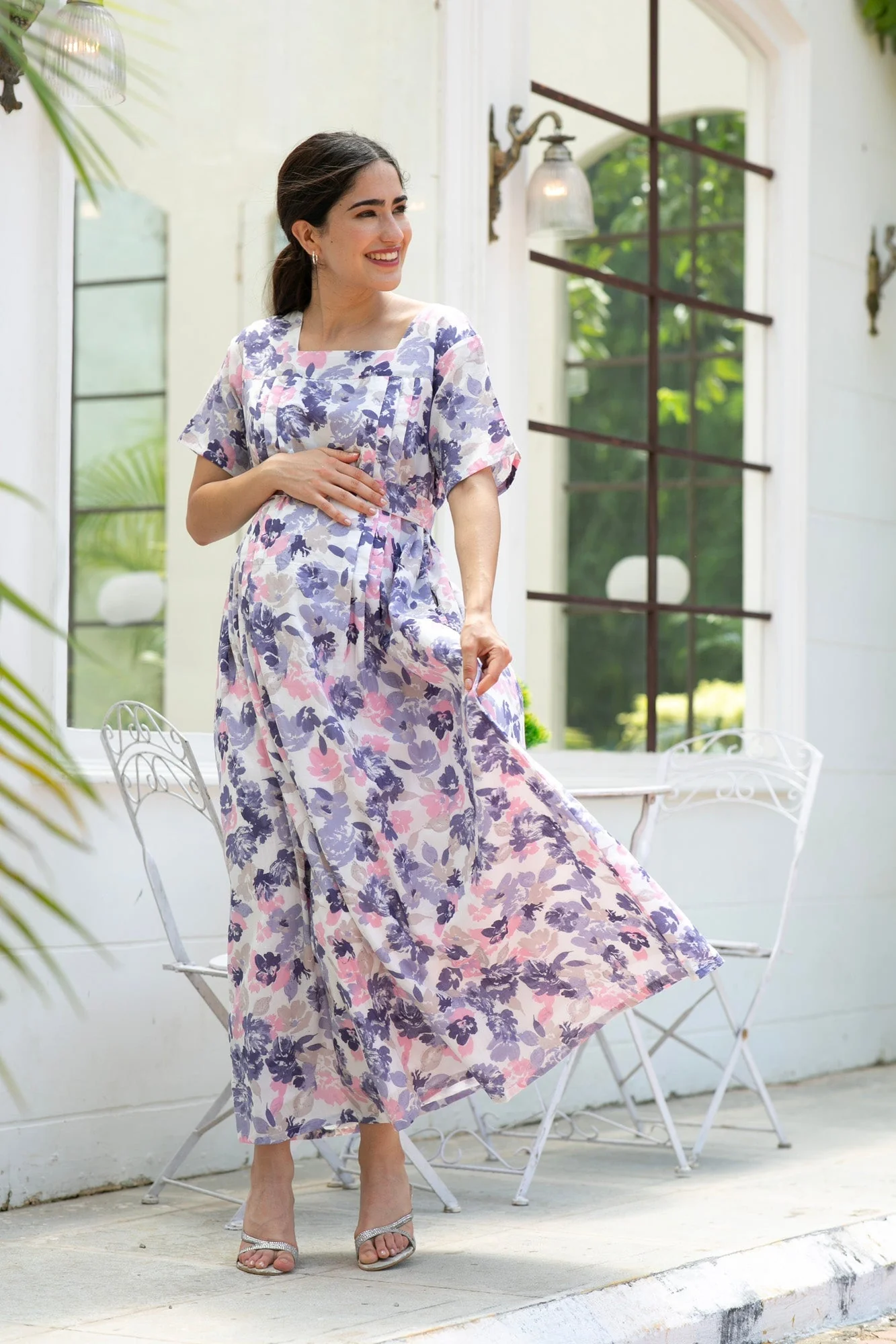 Restful Lavender Floral Maternity & Nursing Concealed Zips Night Dress - Chenance