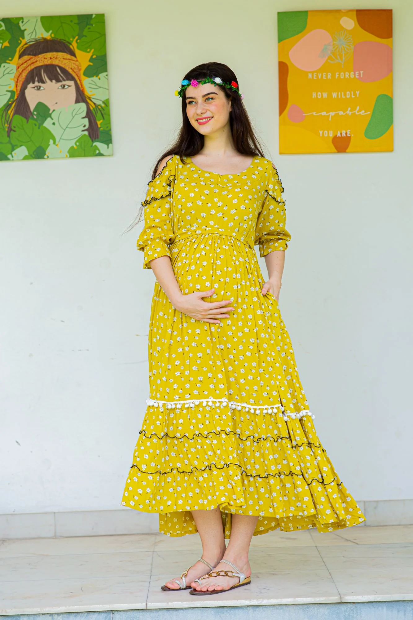 Chic Boho Mustard Frill Maternity & Nursing Maxi - Chenance