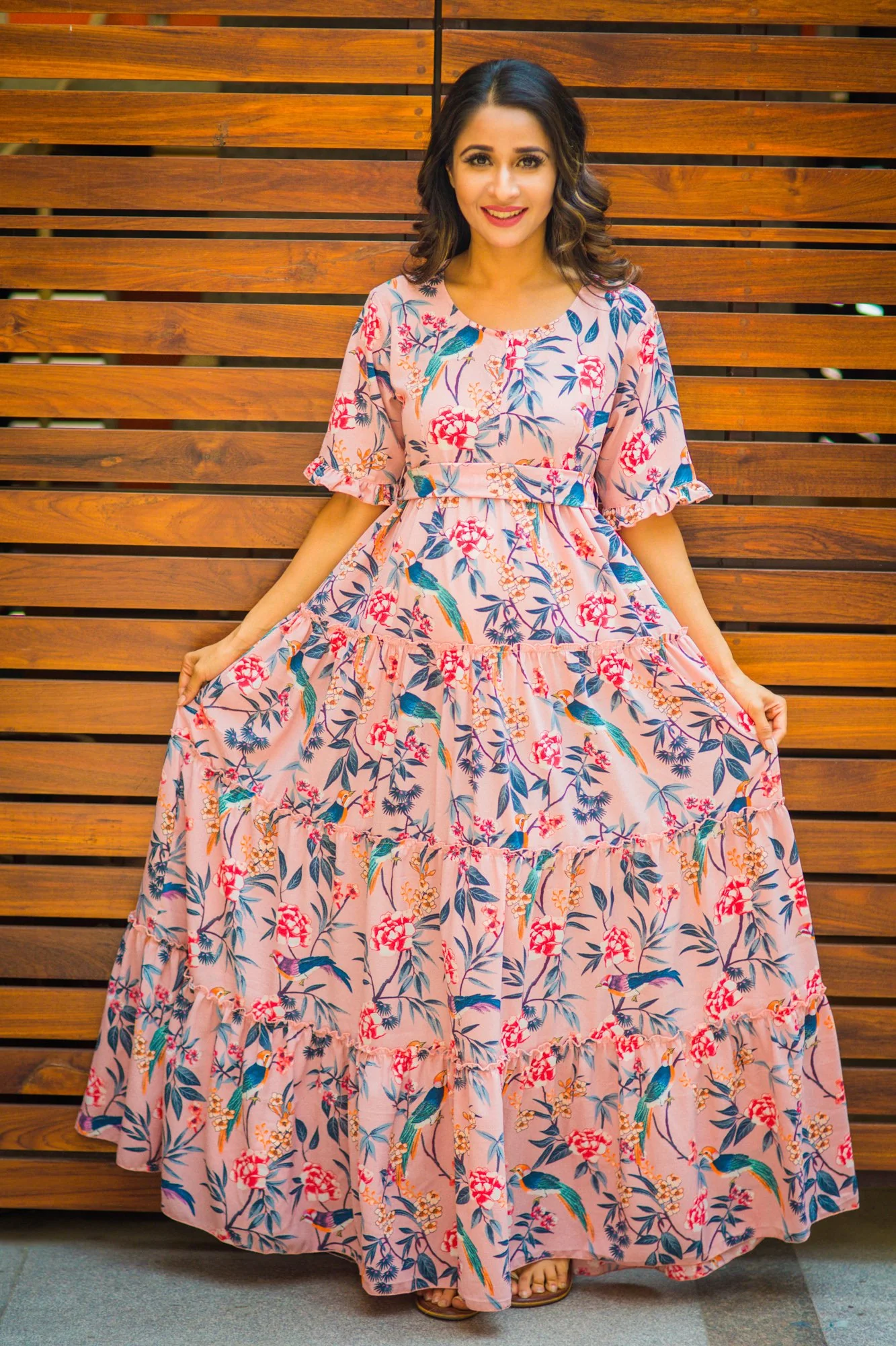 Multilayer Garden Peach Frill Single Concealed Zip Maternity & Nursing Dress - Chenance