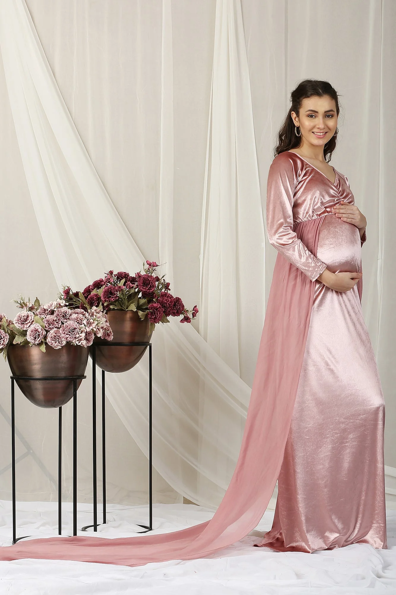 Luxe Sage Pink Trail Maternity Photoshoot Gown - Chenance