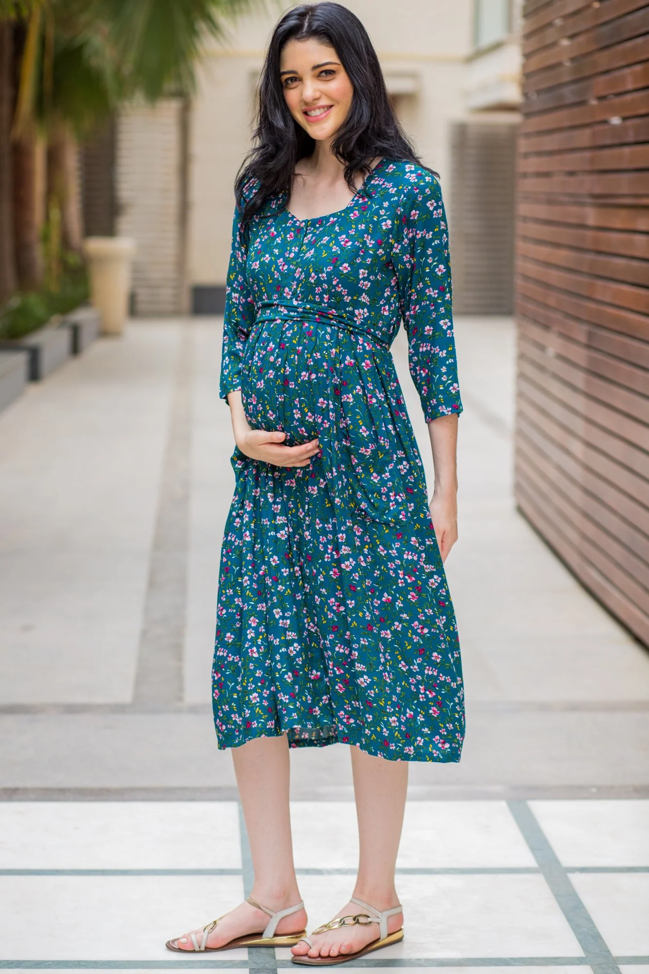 Pine Green Floral Pocket Maternity & Nursing Dress - Chenance