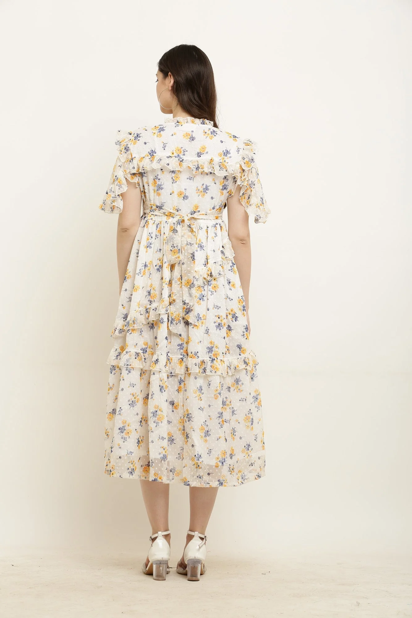 Soothing Ivory Yellow Floral Maternity & Nursing Frill Dress - Chenance