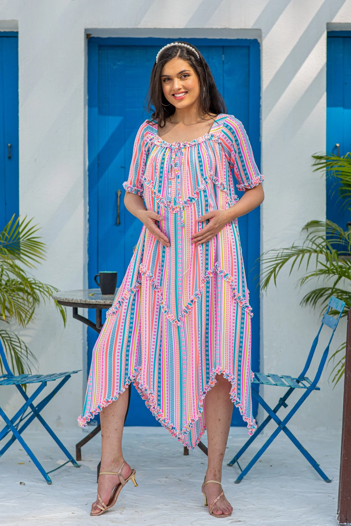 Angelic Vibrant Striped Long Maternity & Nursing Dress - Chenance