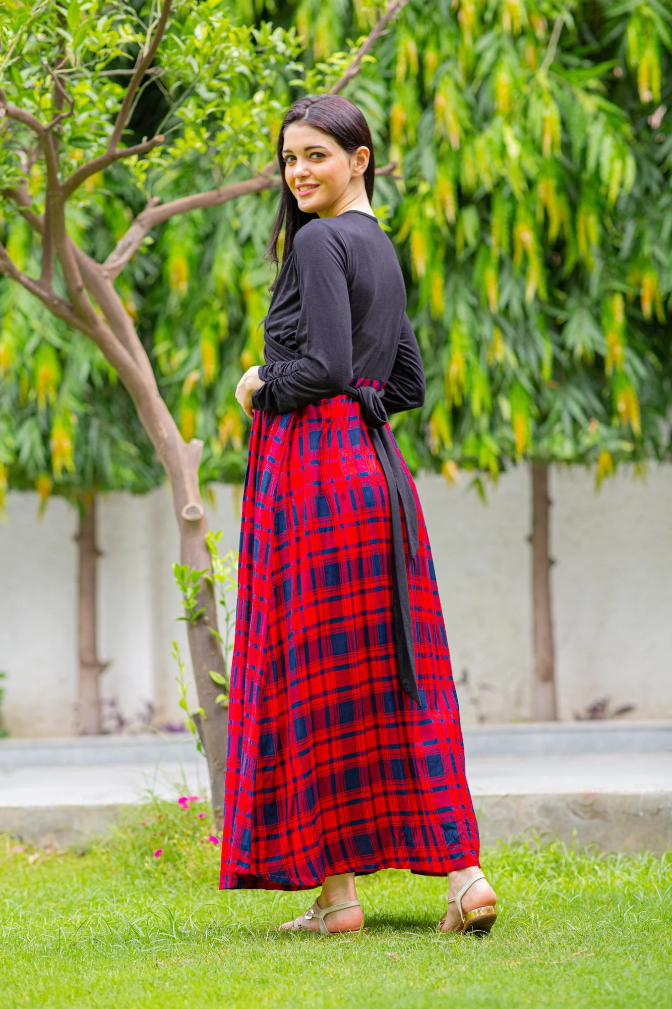 Elegant Red Check Maternity & Nursing Wrap Dress - Chenance