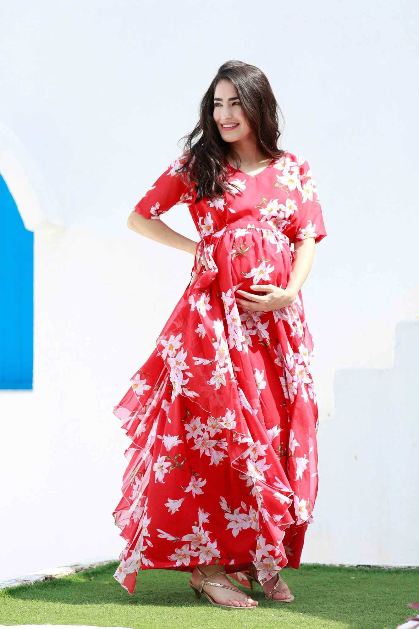 Crimson Red Blossom Maternity Flow Dress - Chenance