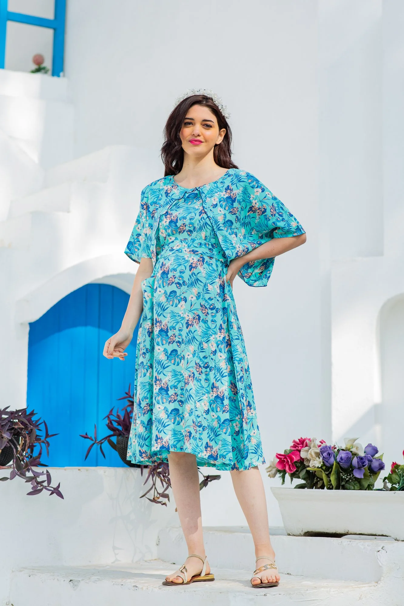 Blue Water Lilly Maternity & Nursing Flap Dress - Chenance