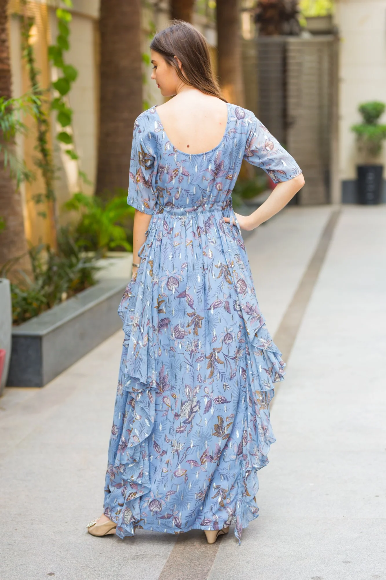 Luxe Foil Embellished Georgette Maternity Dress With Sleeves - Chenance