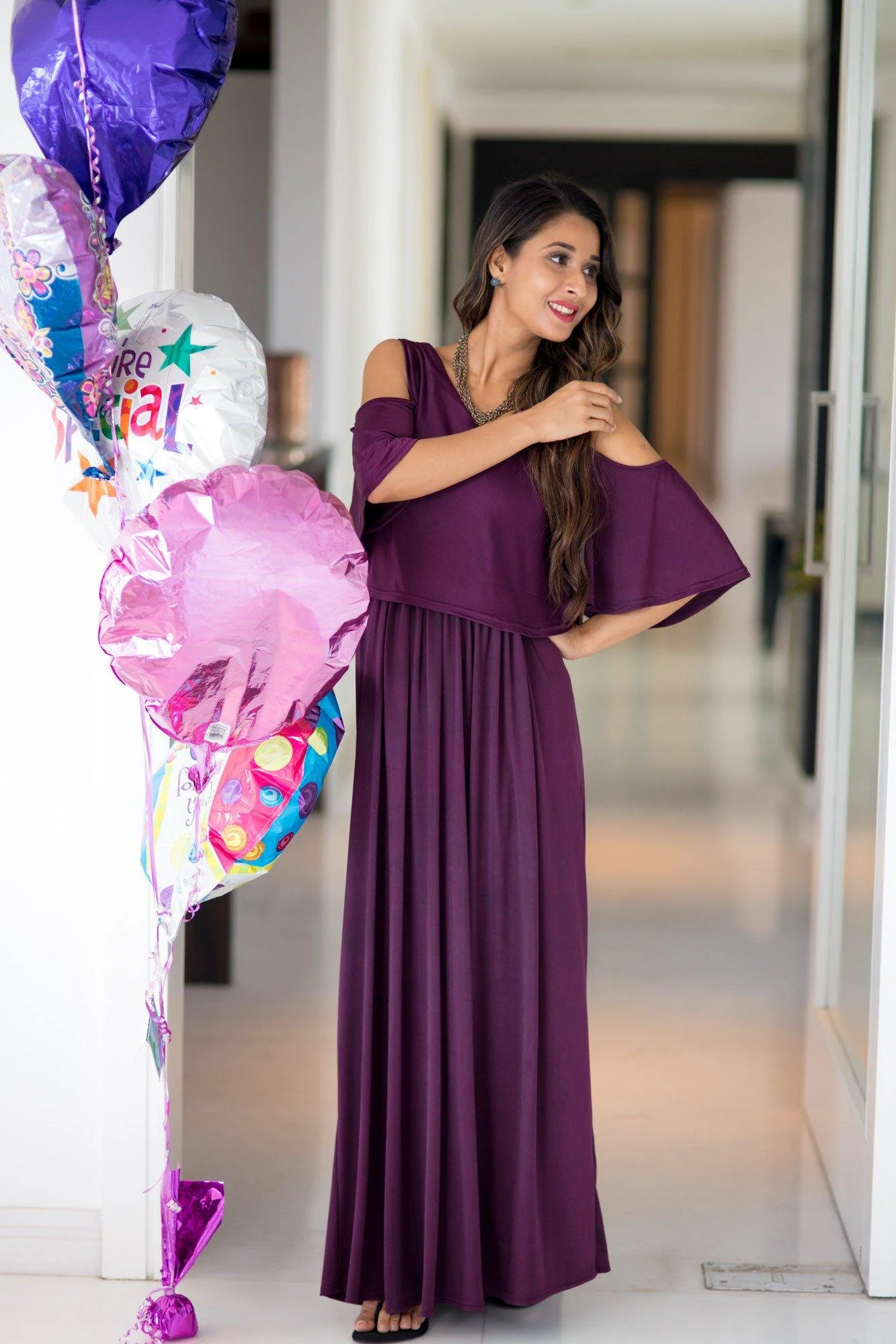 Plum Cold Shoulder Maternity & Nursing Maxi Dress - Chenance