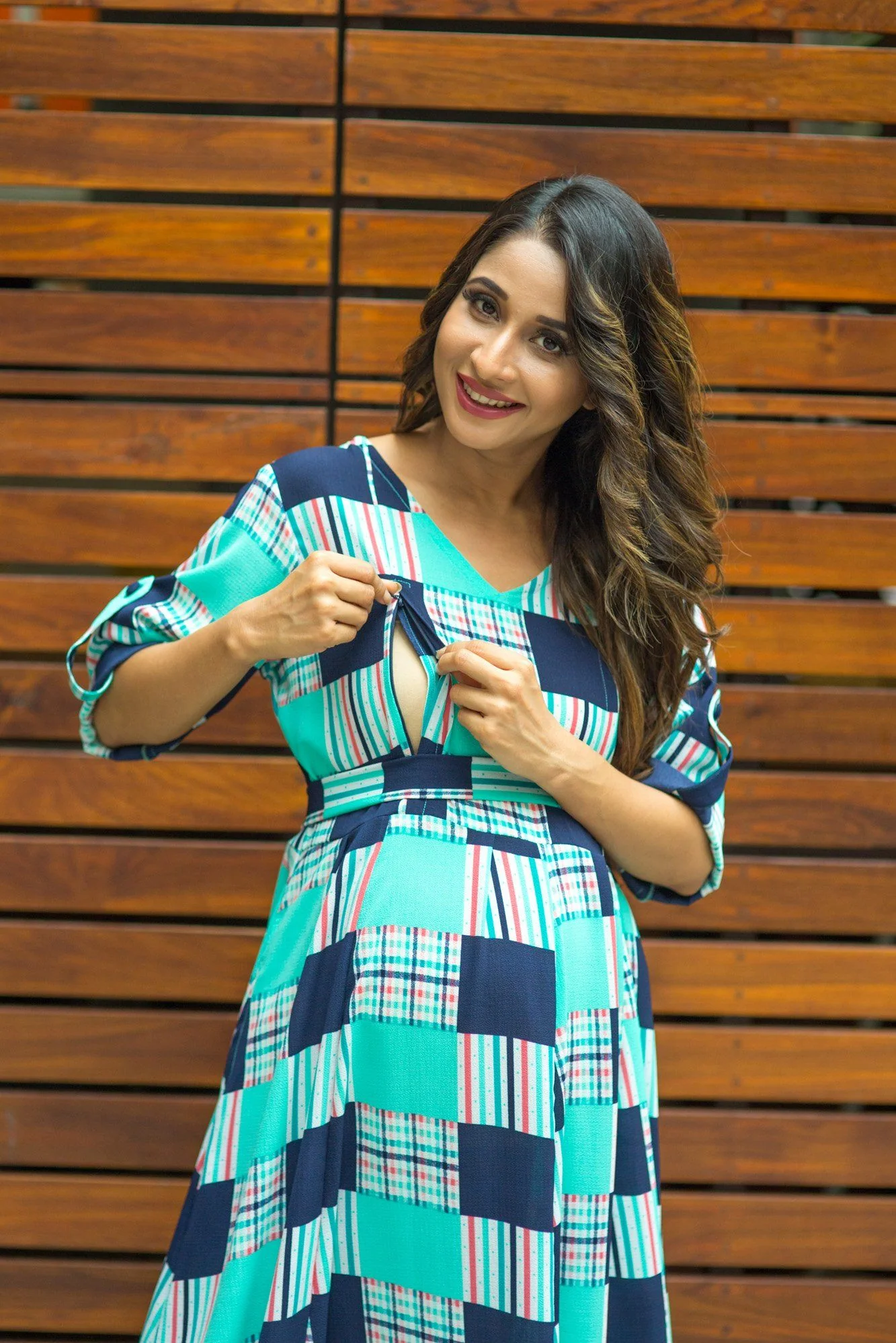 Green Check Concealed Zips Maternity & Nursing Maxi Dress - Chenance