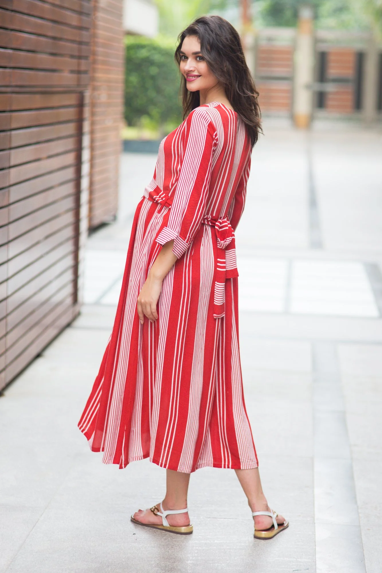 Cardinal Striped Pocket Maternity & Nursing Dress - Chenance