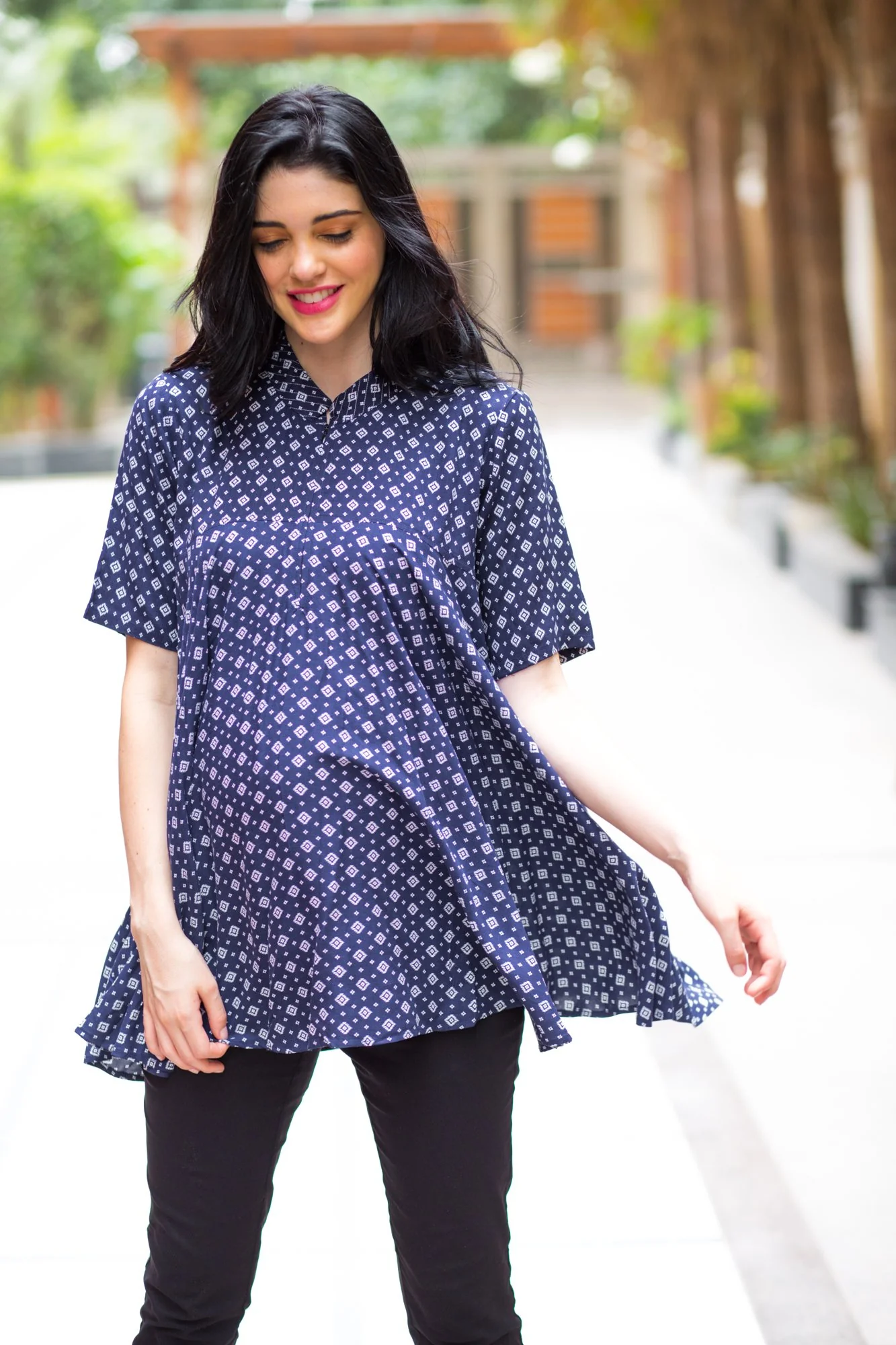 Navy Geo Flowing Maternity & Nursing Top - Chenance