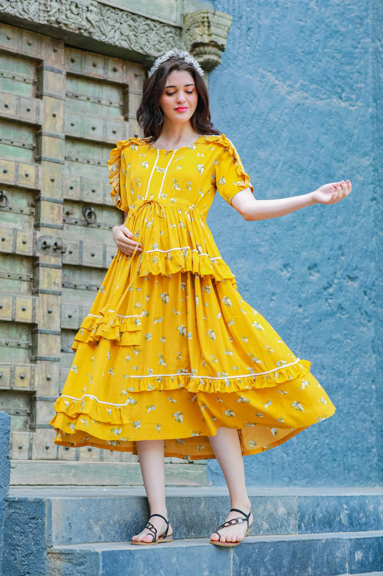 Honey Yellow Maternity & Nursing Frill Dress - Chenance