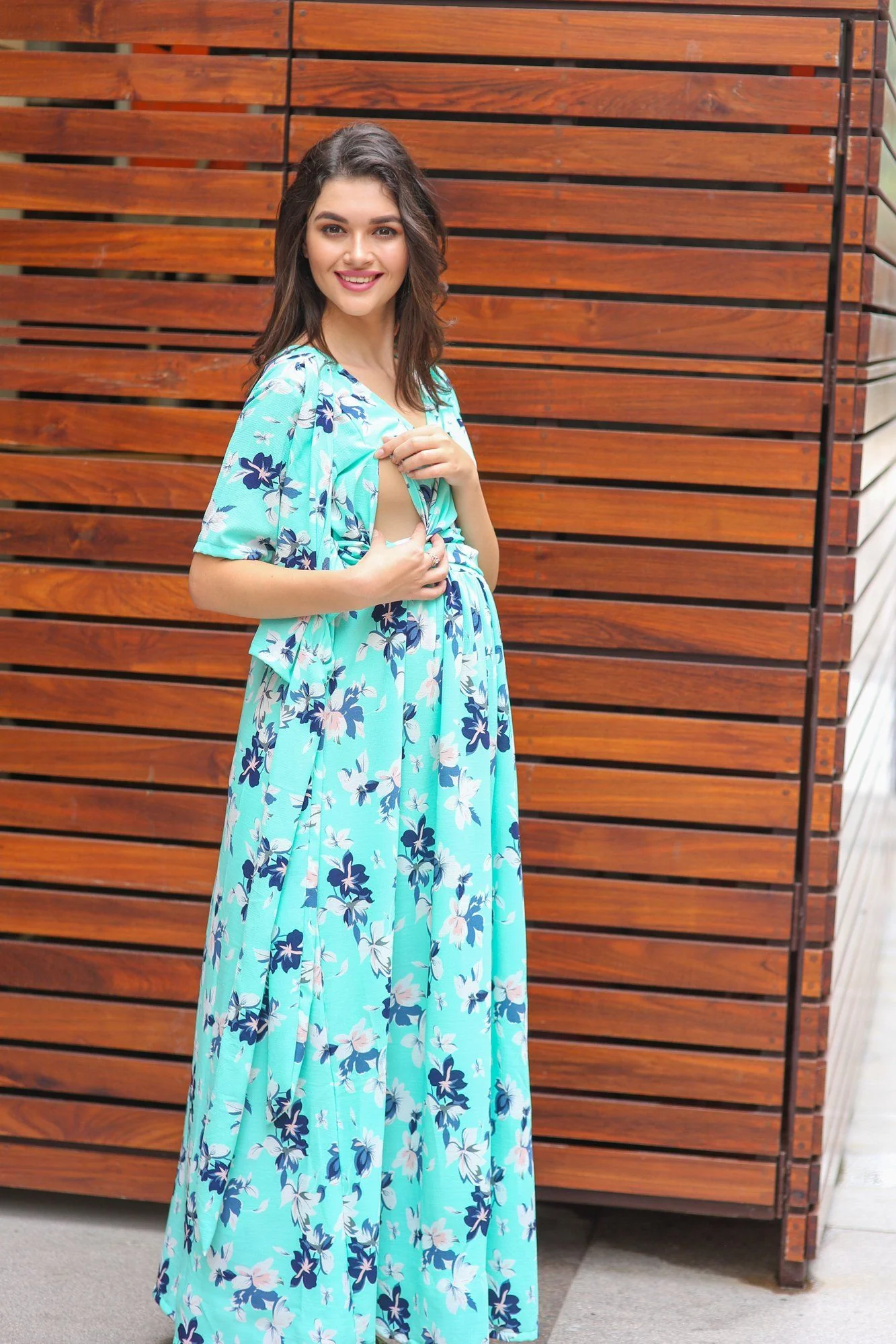 Mint Aquamarine Blossom Maternity & Nursing Wrap Dress - Chenance