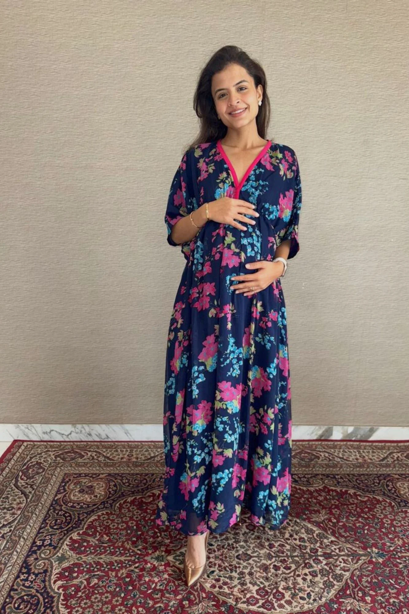 Midnight Blue Floral Maternity Kaftan Dress - Chenance