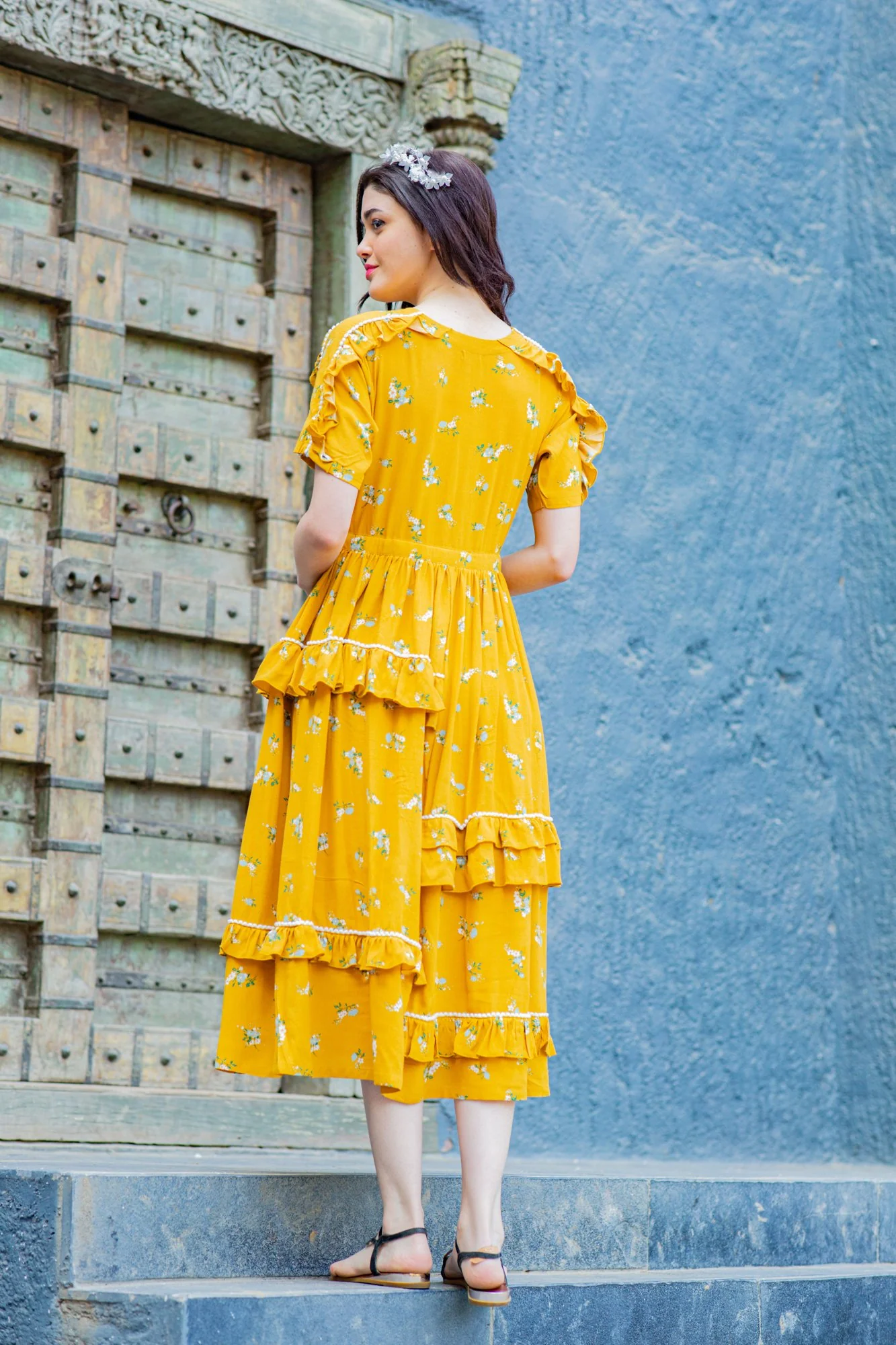 Honey Yellow Maternity & Nursing Frill Dress - Chenance