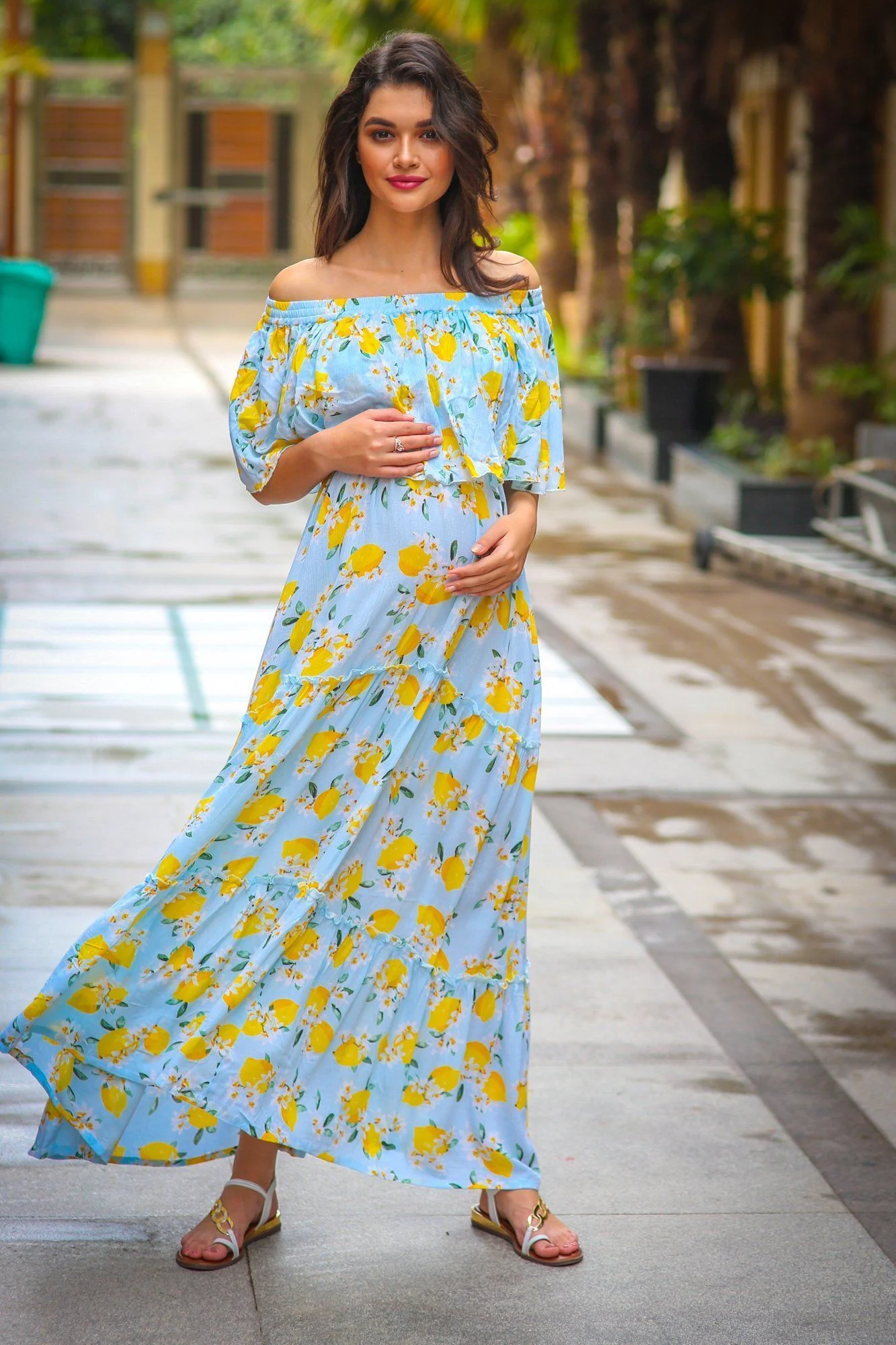 Mint Lemon Off-Shoulder Maternity Maxi Dress - Chenance