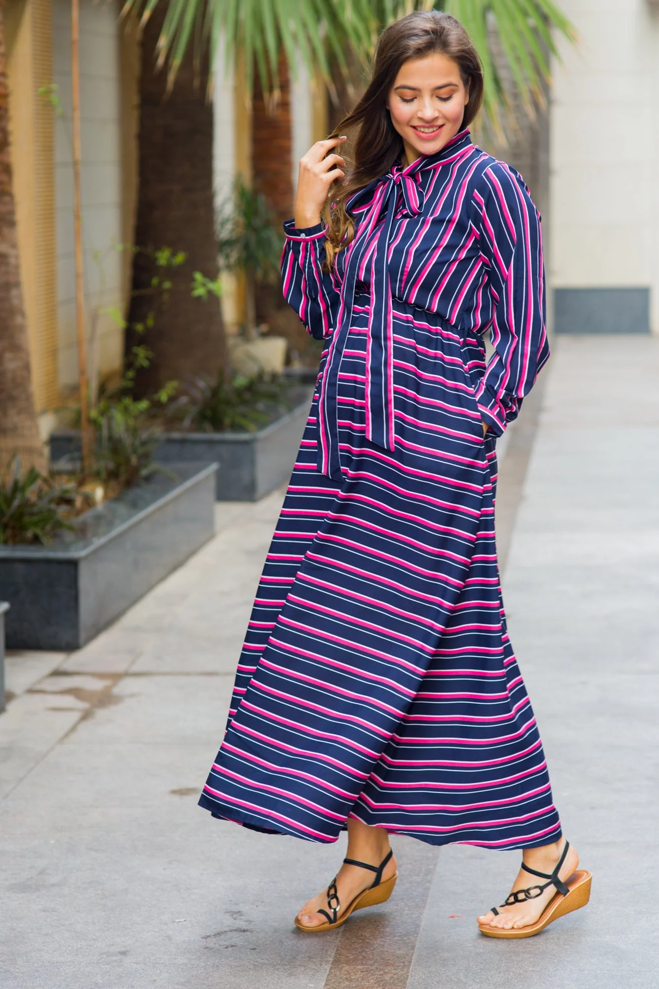 Unique Striped Neck Tie Bishop Sleeve Maternity & Nursing Dress - Chenance