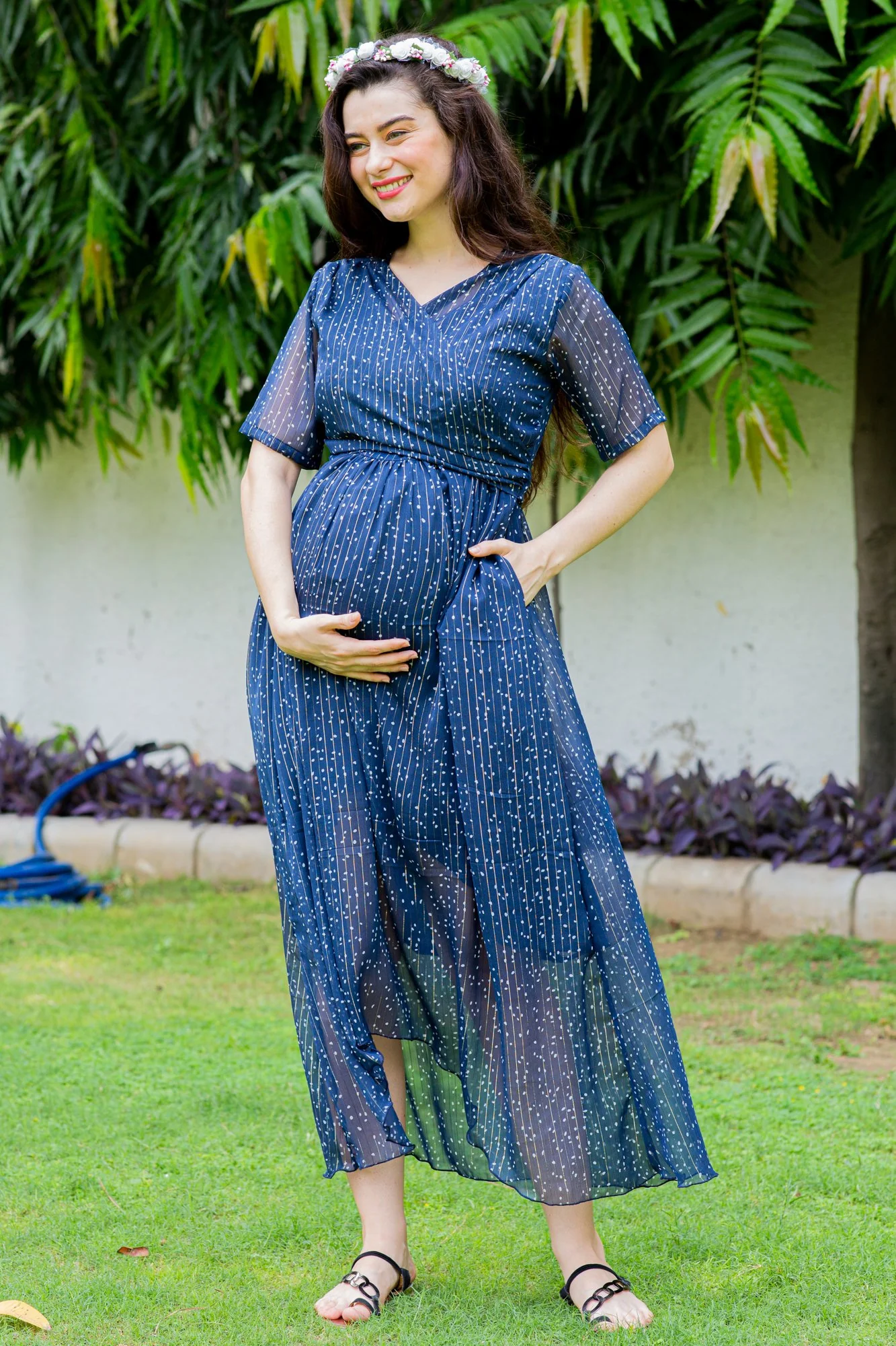 Starry Midnight Maternity & Nursing Hi-Low Wrap Dress - Chenance