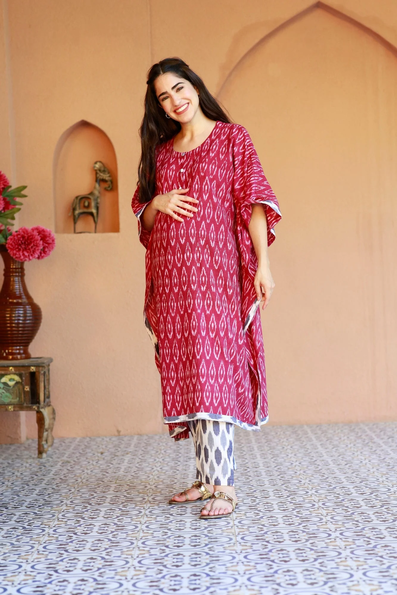 Rouge Ikat Maternity & Nursing Kaftan Set (100% Cotton) - Chenance