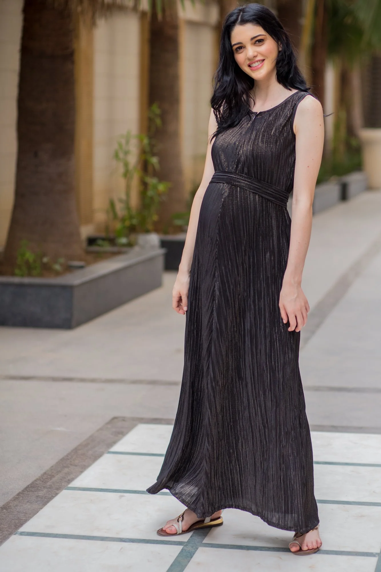 Exclusive Black Gold Pleated Maternity & Nursing Dress - Chenance