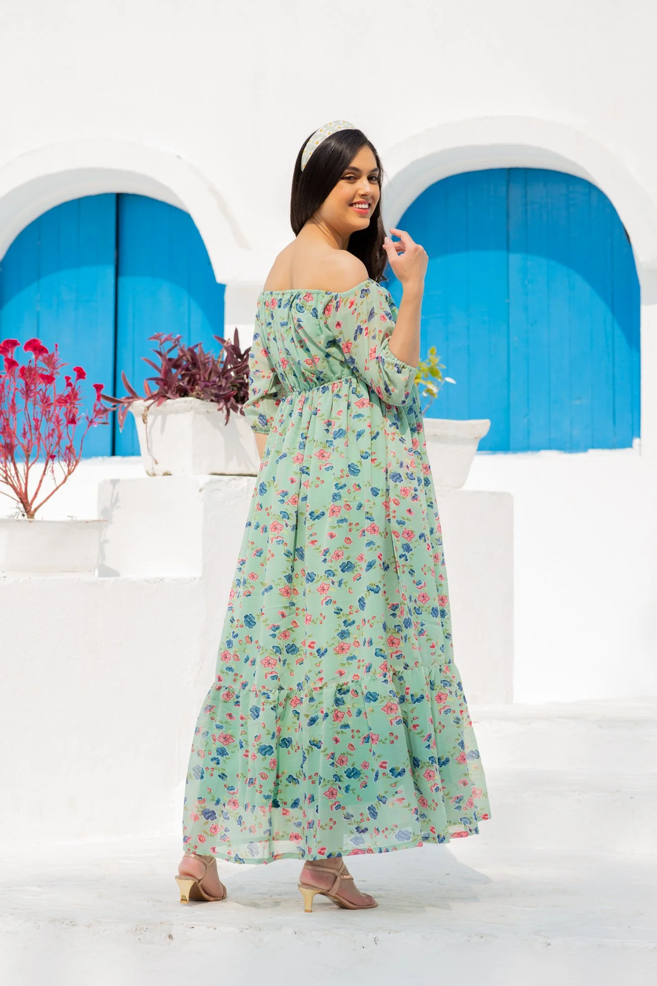 Mint Green Floral Dual Off-Shoulder Boat Neck Maternity & Nursing Maxi Dress - Chenance