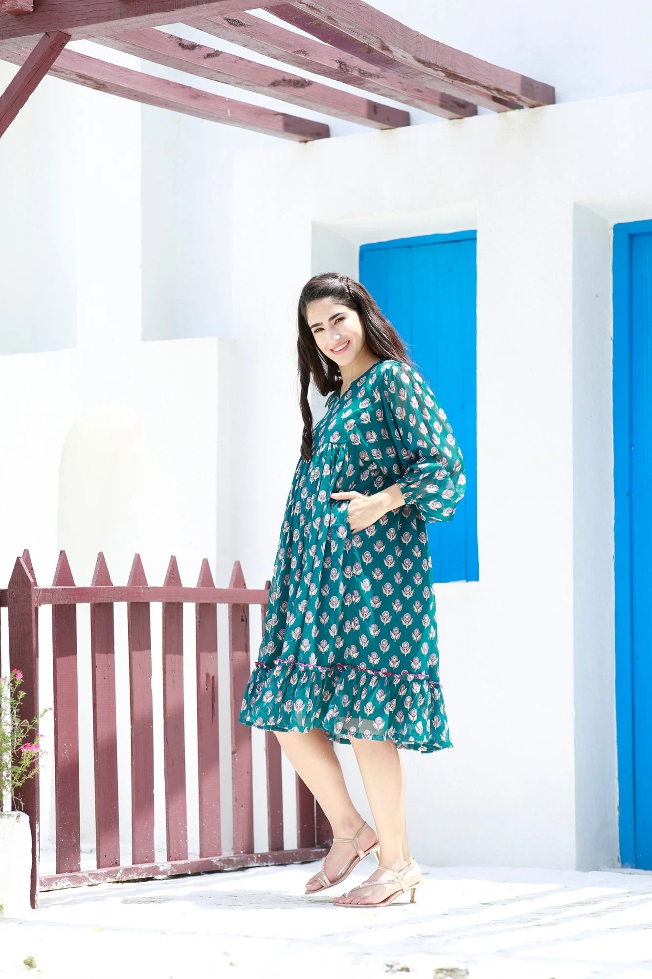 Breezy Emerald Floral Maternity Knee Frill Dress - Chenance
