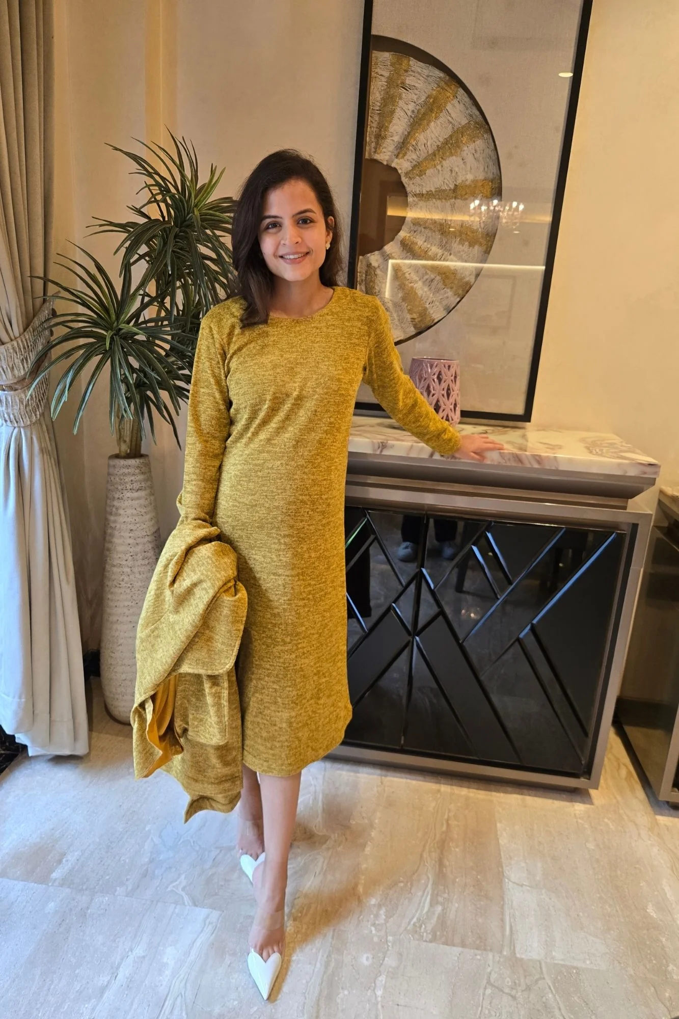 Breezy Mustard Maternity Winter Dress With Cover Up (2pc) - Chenance