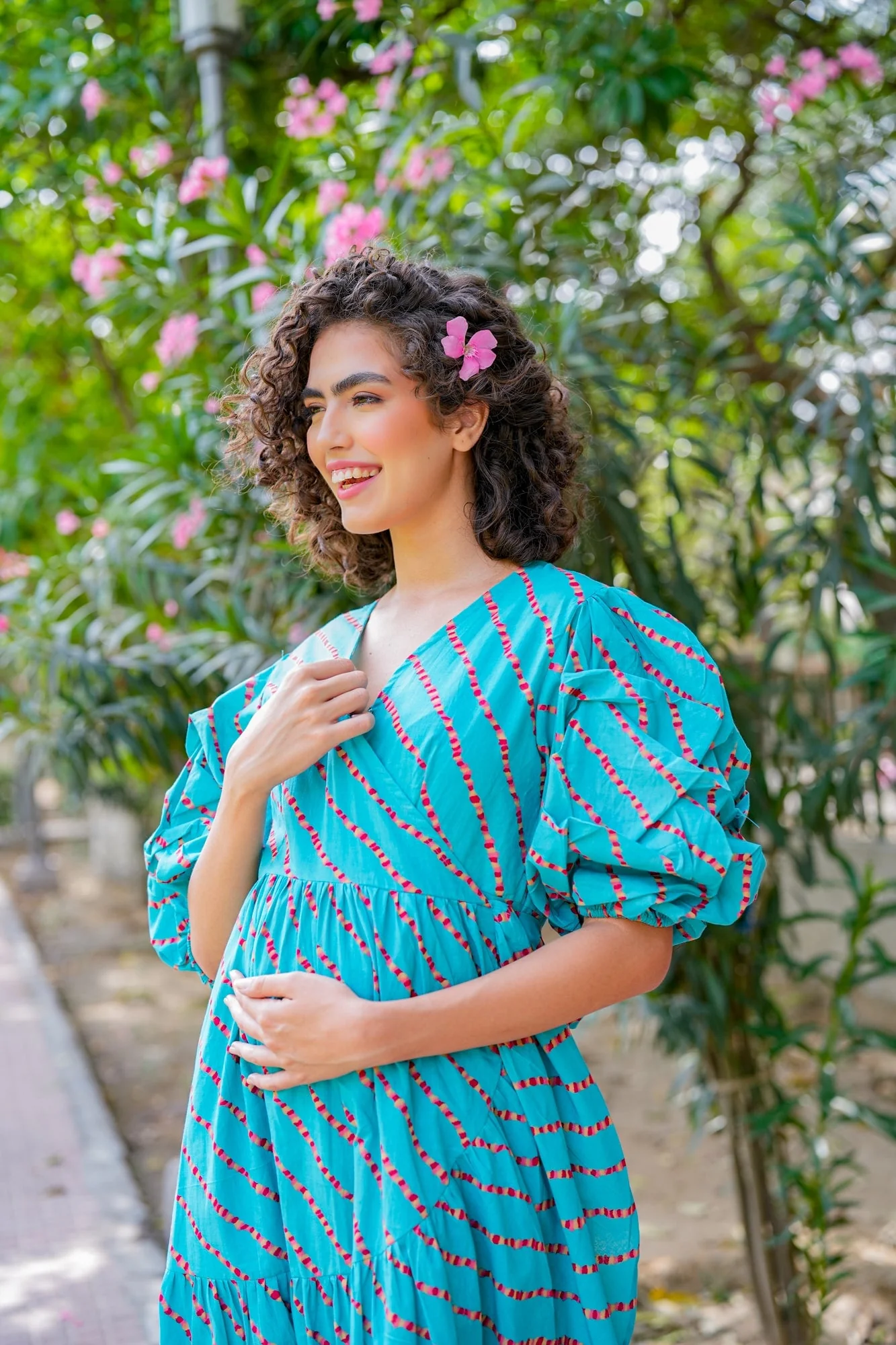 Charming Cerulean Blue Maternity & Nursing Frill Wrap Dress (100% Cotton) - Chenance