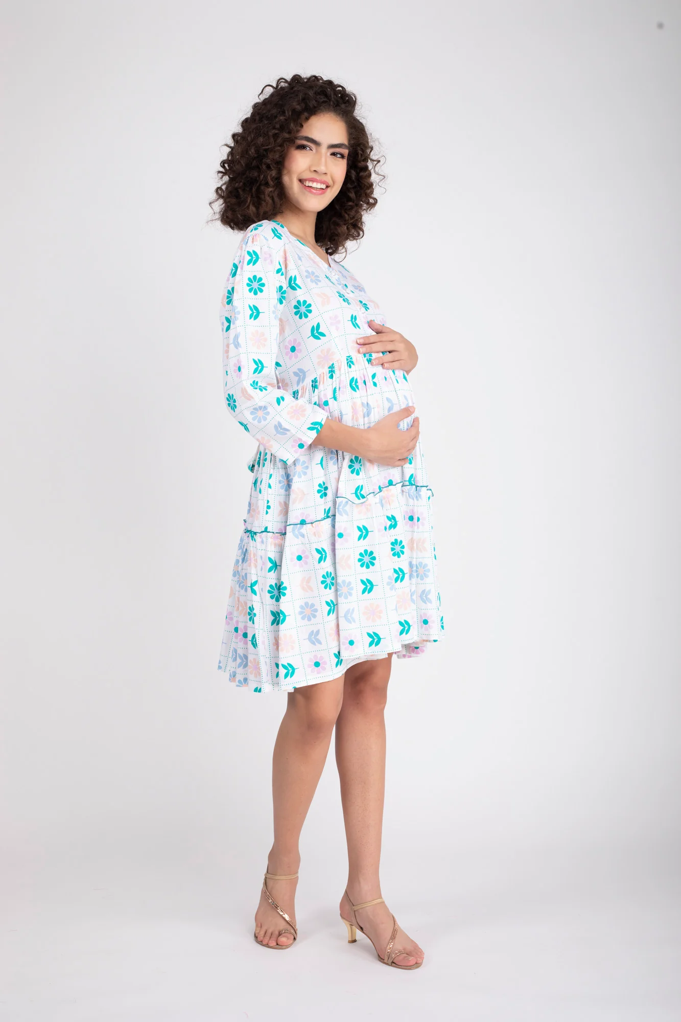 Calming White Maternity & Nursing Gathered Dress - Chenance