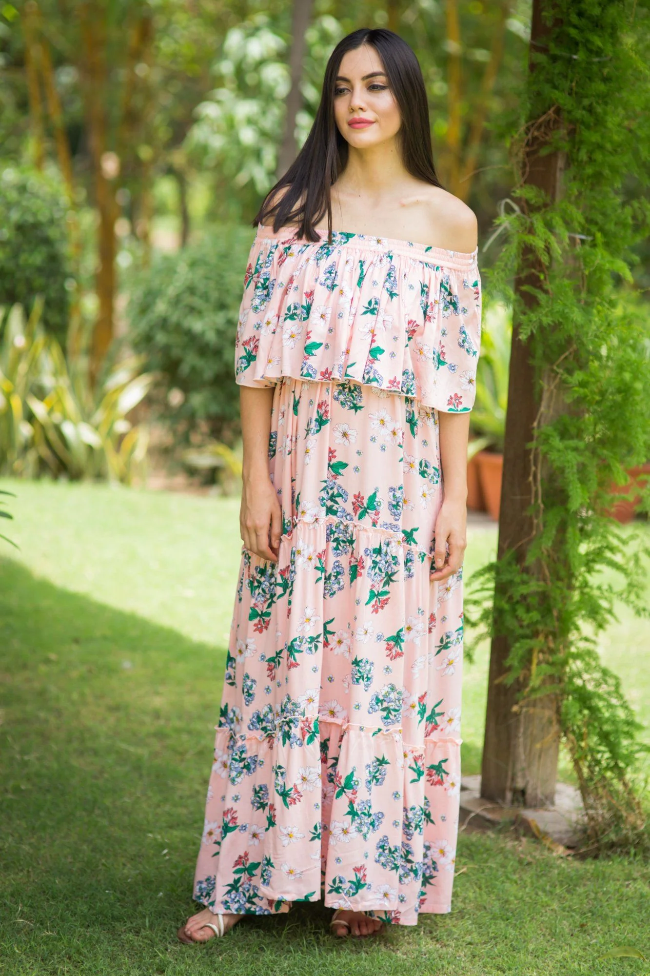 Rose Peach Off-Shoulder Maternity Maxi - Chenance