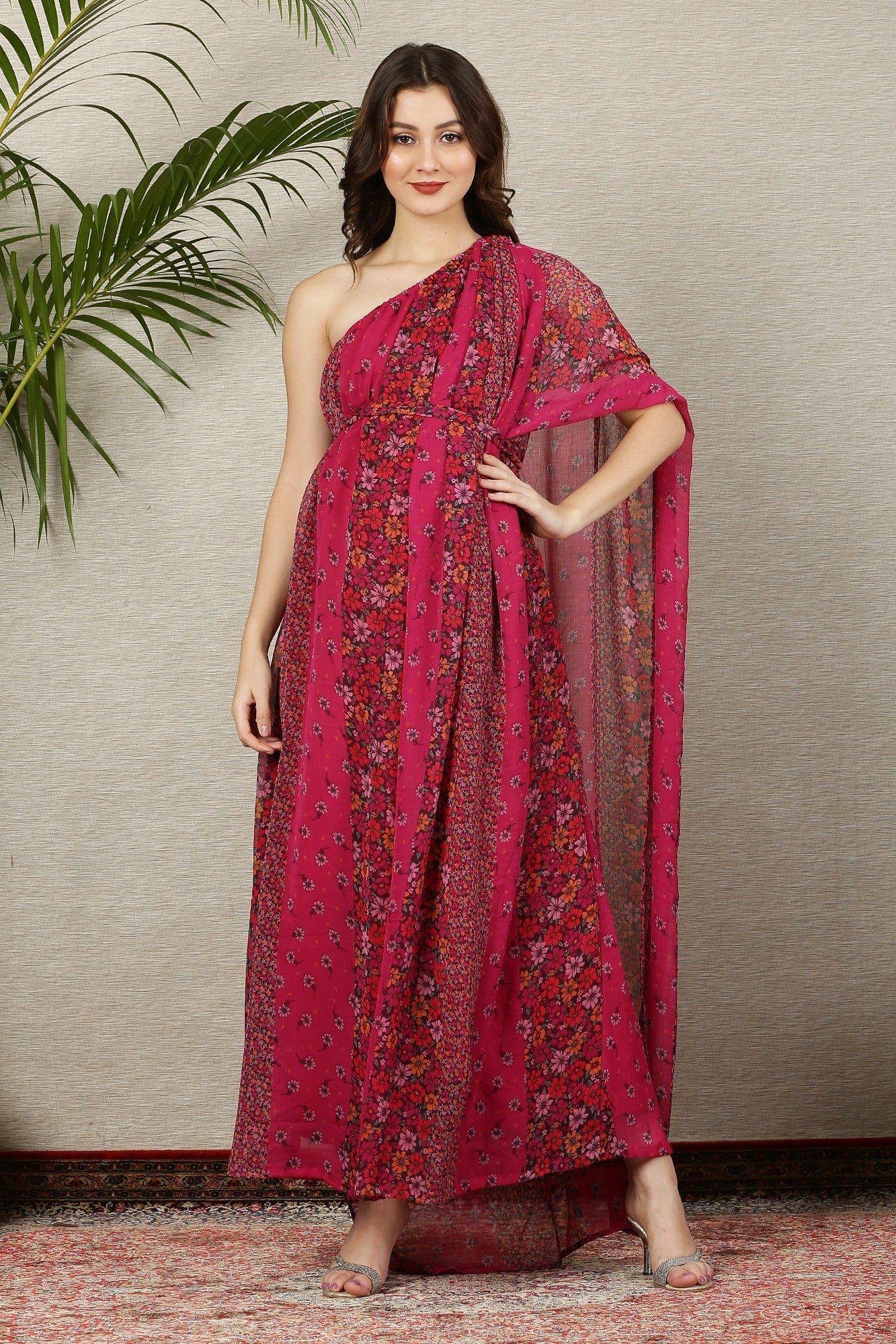 Luxe Fuchsia Blooming Bouquet One Shoulder Maternity & Nursing Gown - Chenance