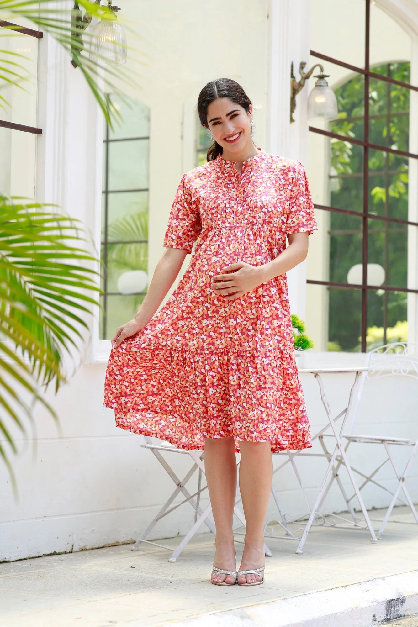 Carrot Punch Floral Maternity & Nursing Frill Shirt Dress - Chenance