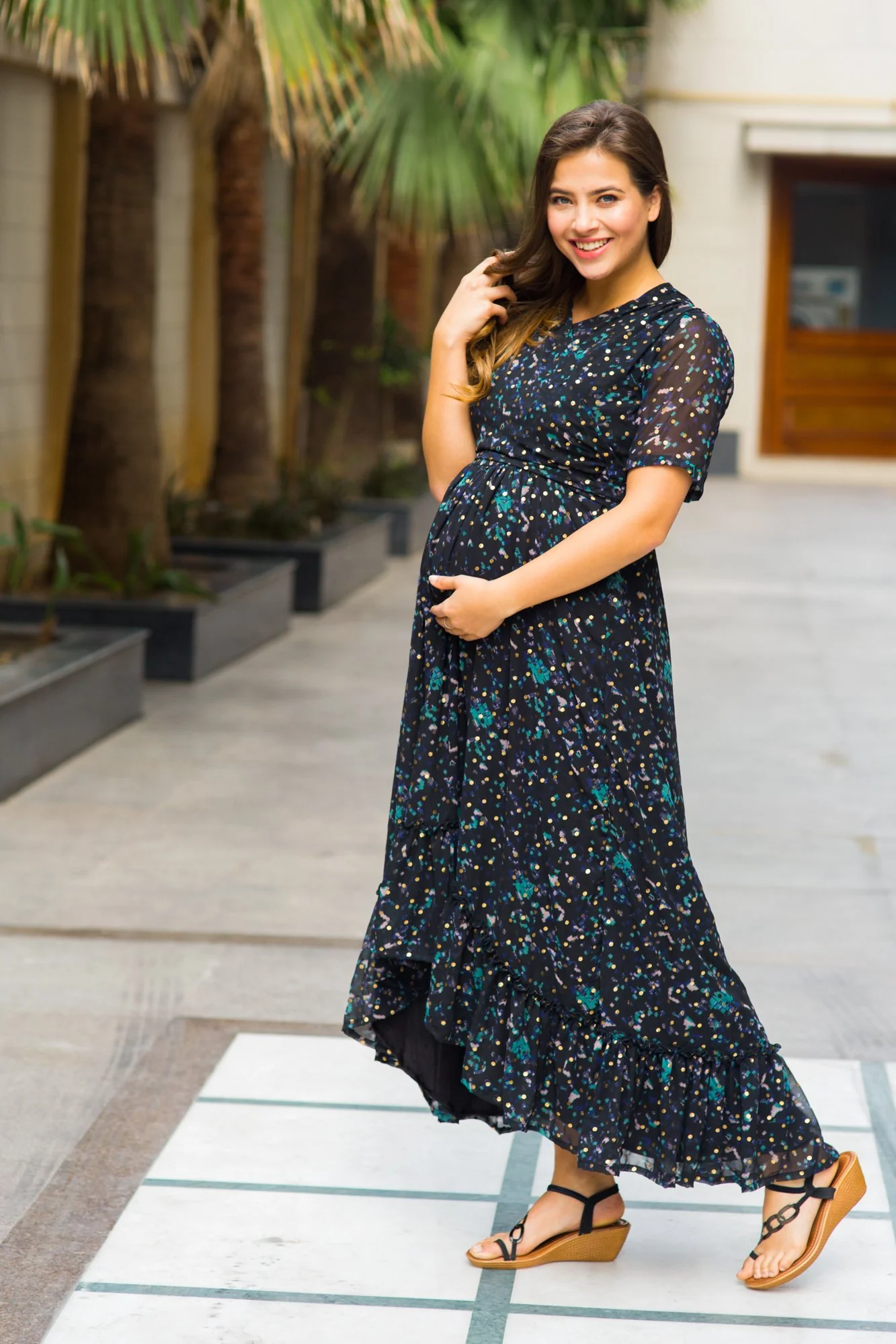 Midnight Gold Embellished Hi-Low Maternity & Nursing Wrap Dress - Chenance