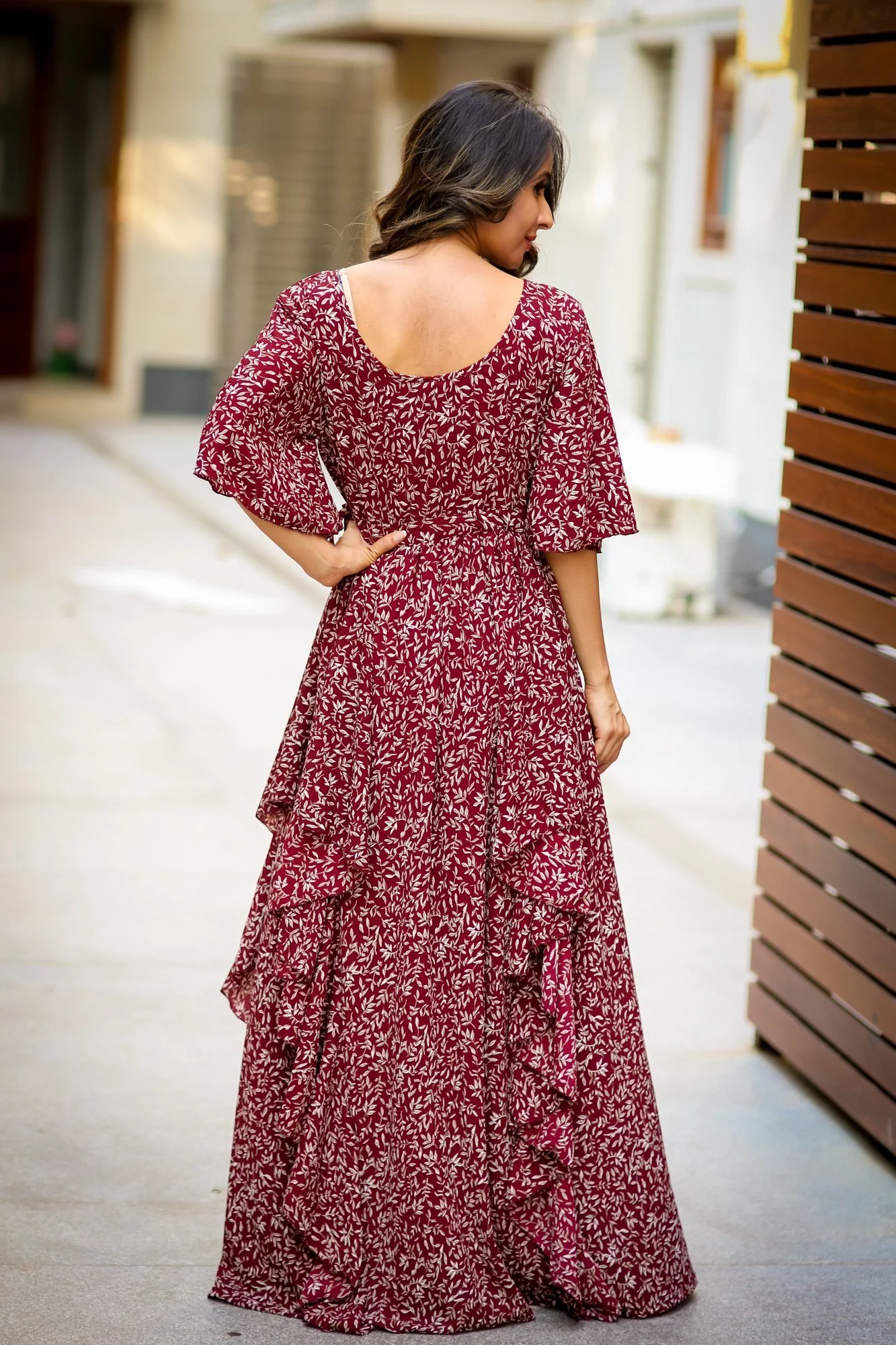 Luxe Wine Leafy Bubble Georgette Maternity Dress - Chenance