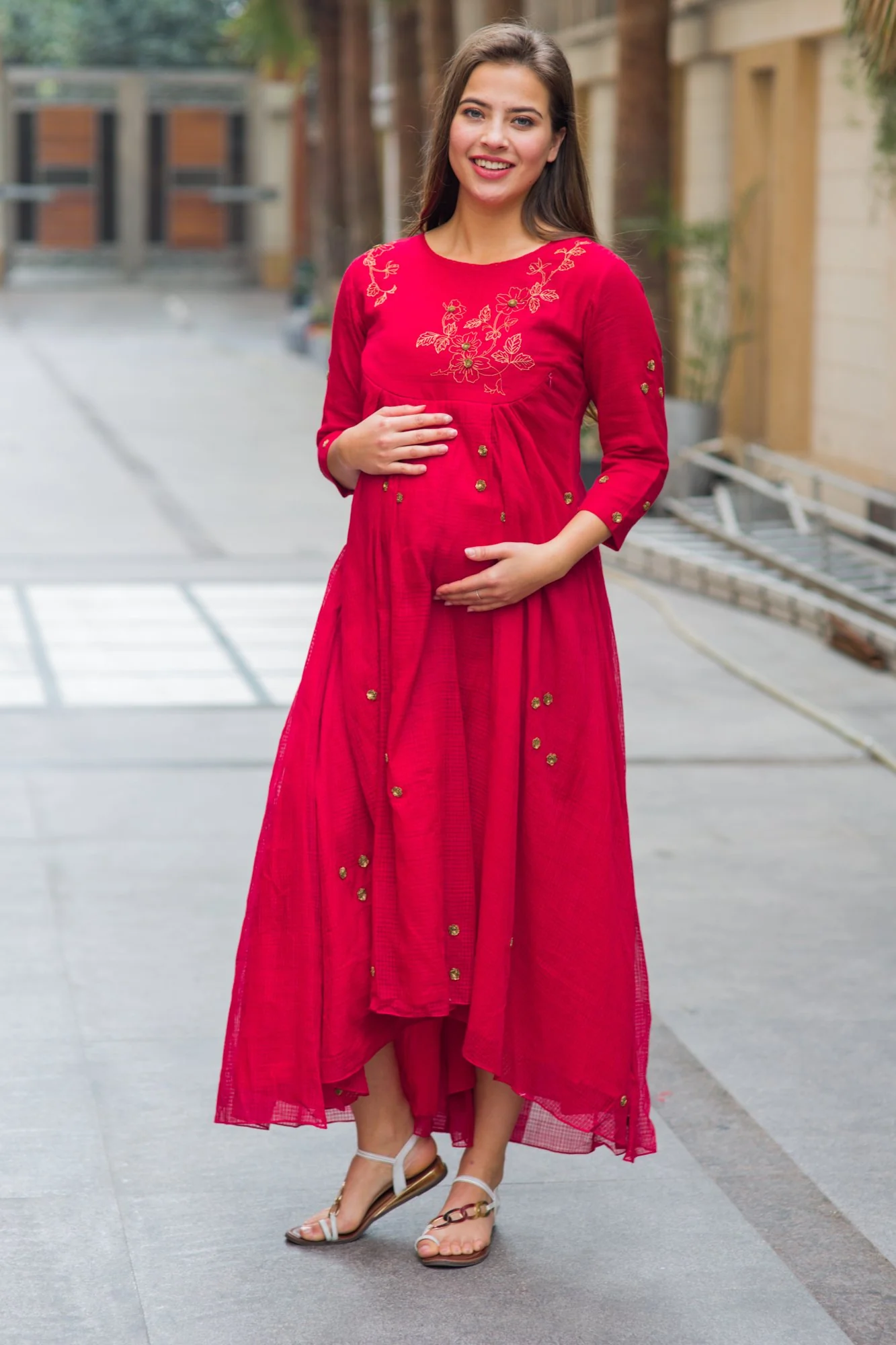 Premium Red Handloom Maternity & Nursing Dress - Chenance