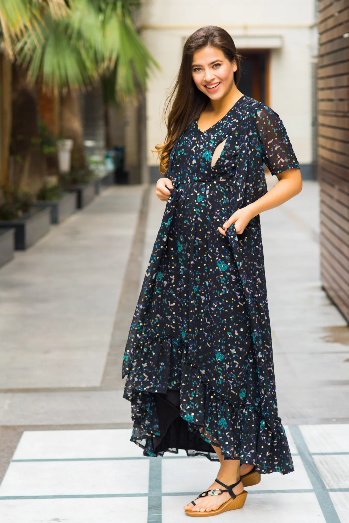 Midnight Gold Embellished Hi-Low Maternity & Nursing Wrap Dress - Chenance