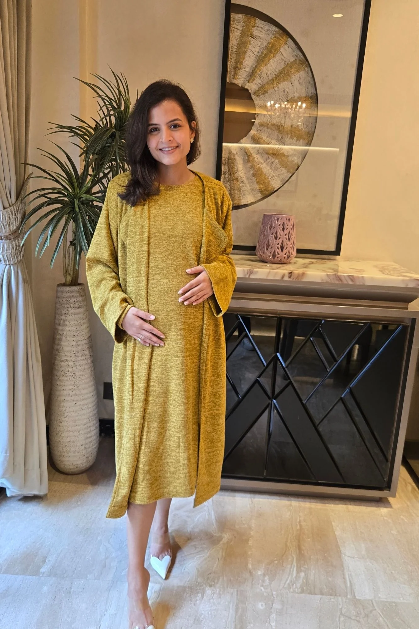 Breezy Mustard Maternity Winter Dress With Cover Up (2pc) - Chenance